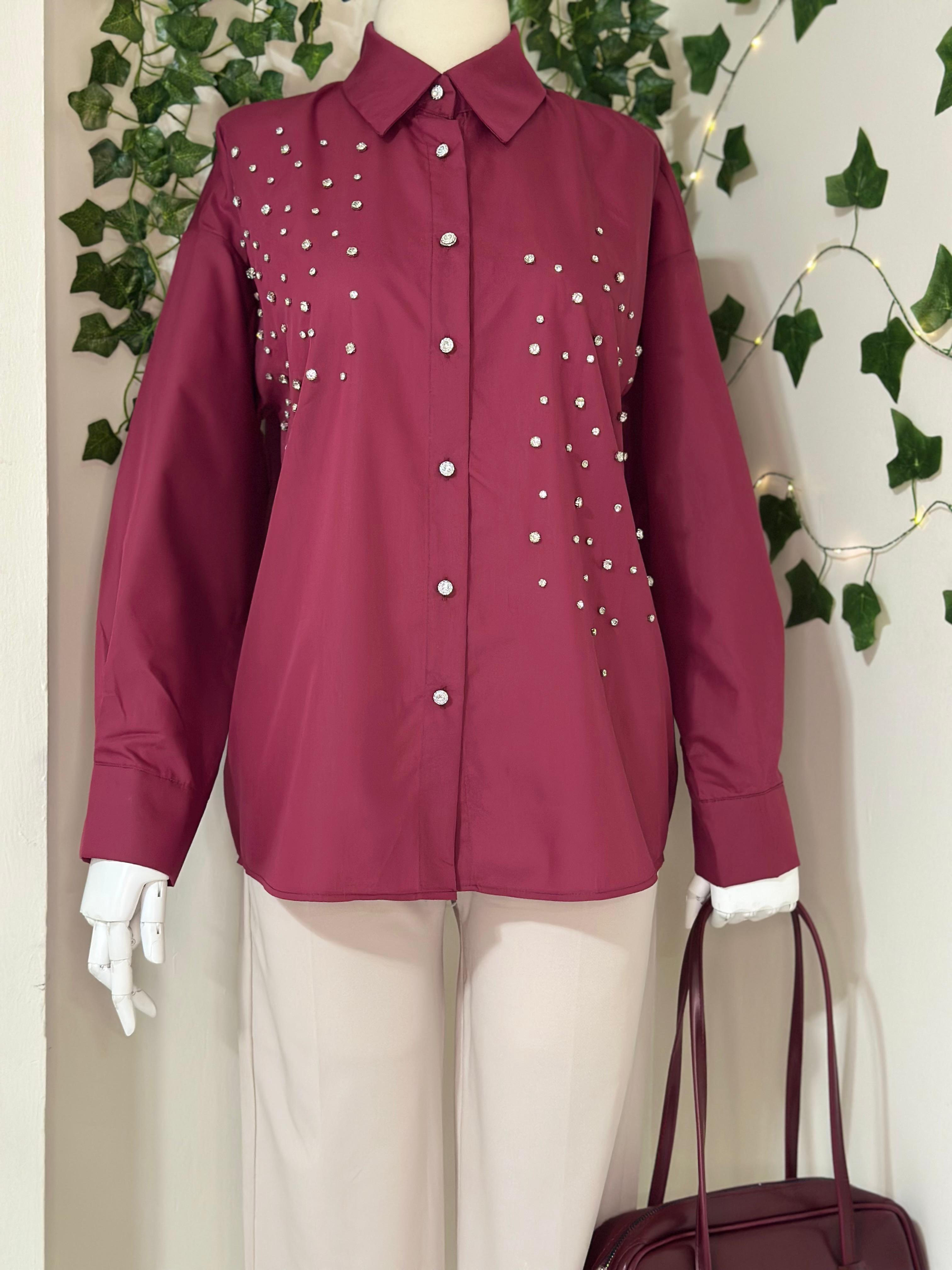 Kristal Taş Çakımlı Poplin Gömlek-Bordo