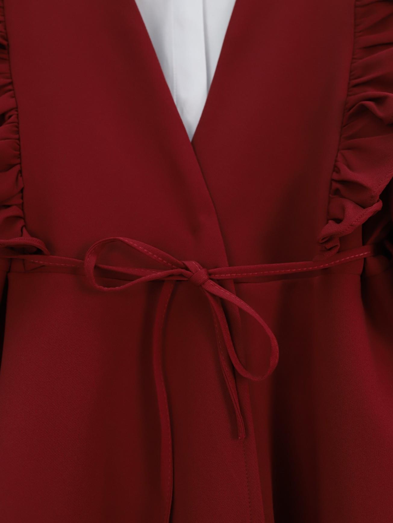 Önü Fırfırlı Bağcıklı Eteği Katlı Pantolonlu Kimono Takım