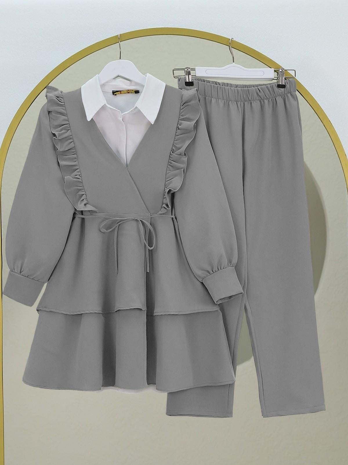 Önü Fırfırlı Bağcıklı Eteği Katlı Pantolonlu Kimono Takım