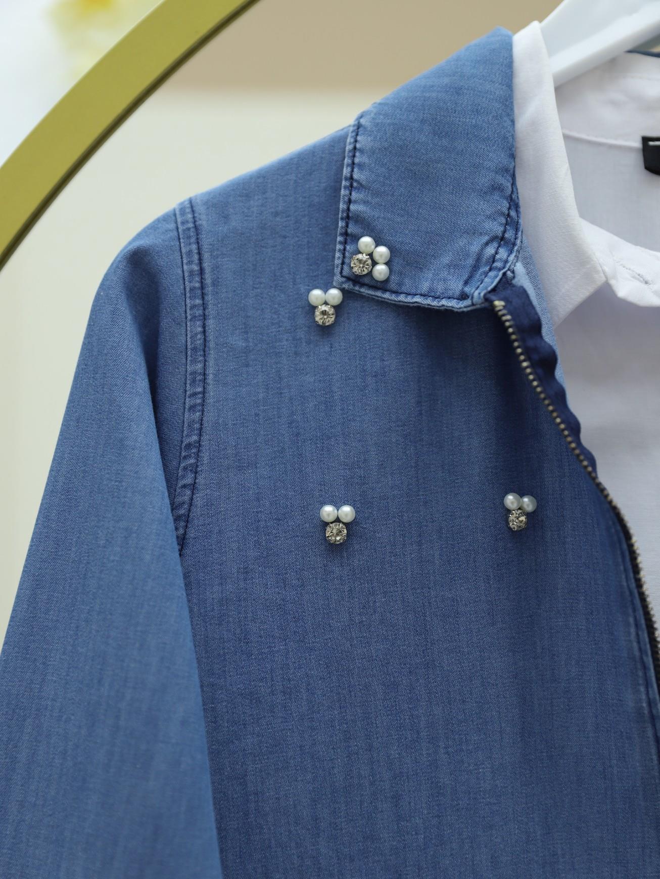 Serpme İncili Fermuarlı Ceket Etek Kot Takım