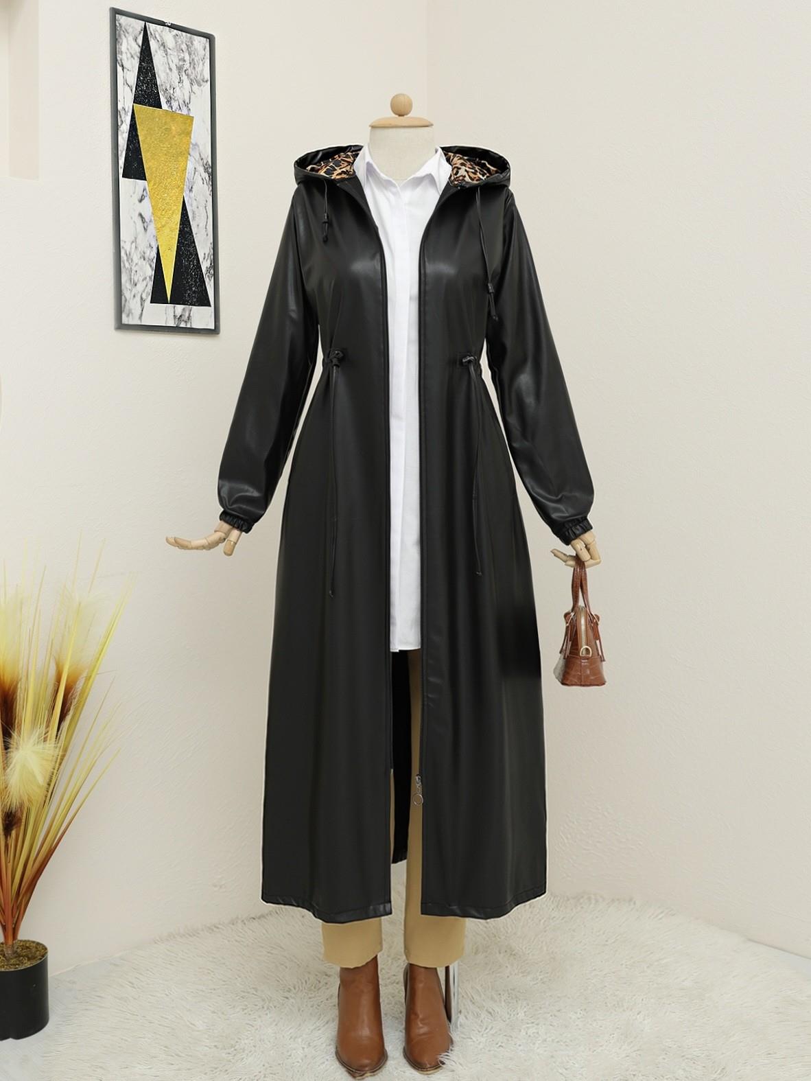 Tünel Bağcıklı Kapşonlu Uzun Deri Kap