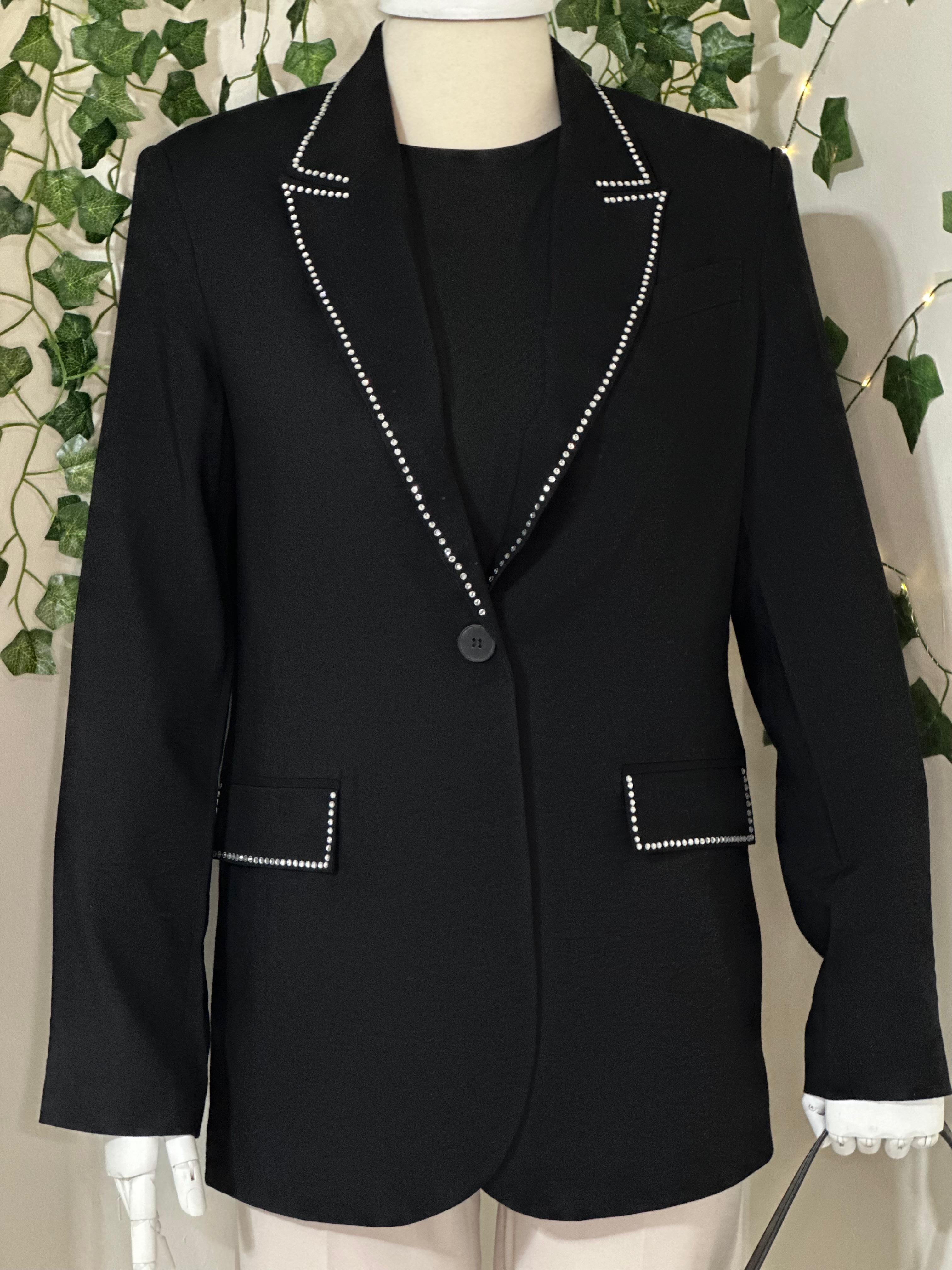 Yakası Taş Detaylı Blazer Ceket-Siyah