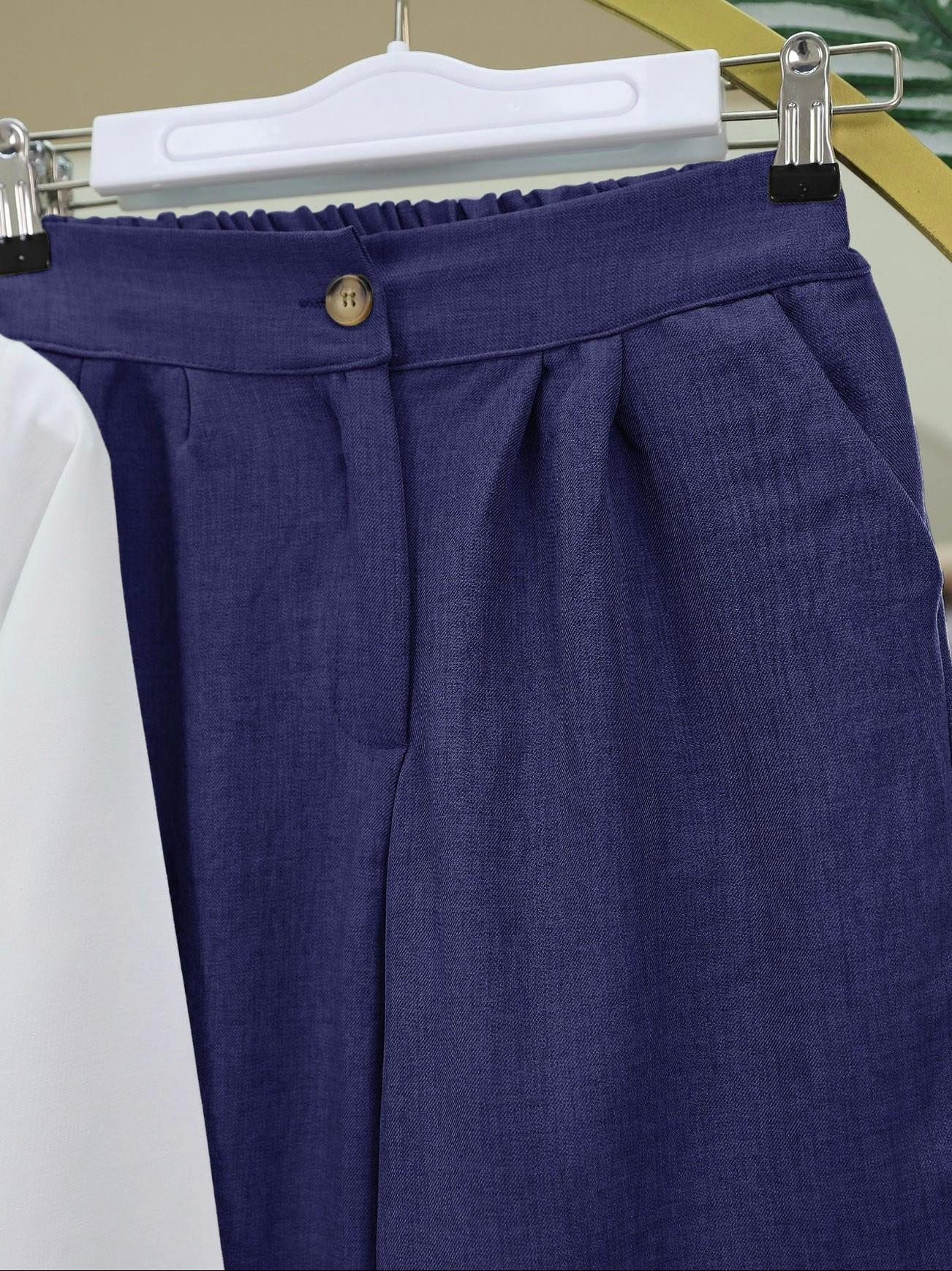 Yeleği Bağcıklı Bol Paça Pantolonlu İkili Keten Takım