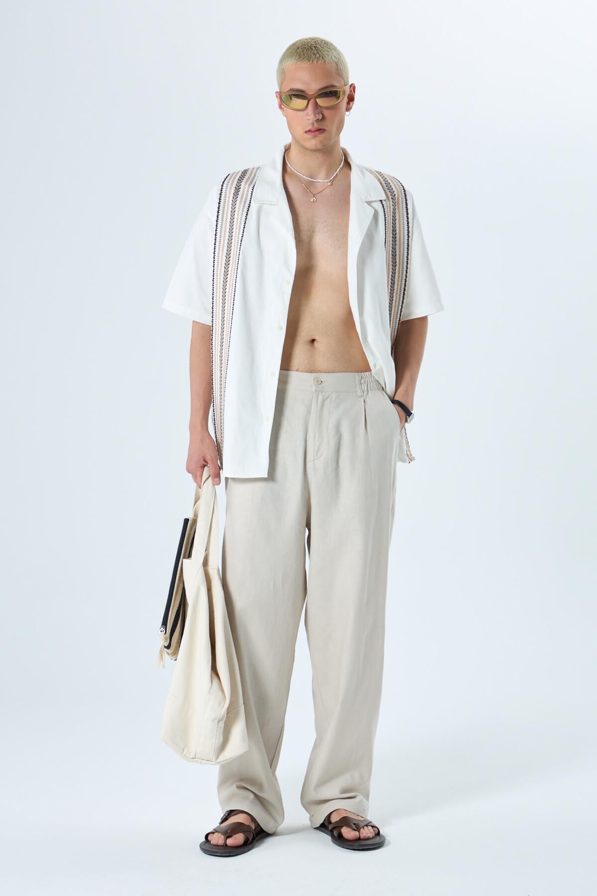 %100 Keten Baggy Pantolon Taş