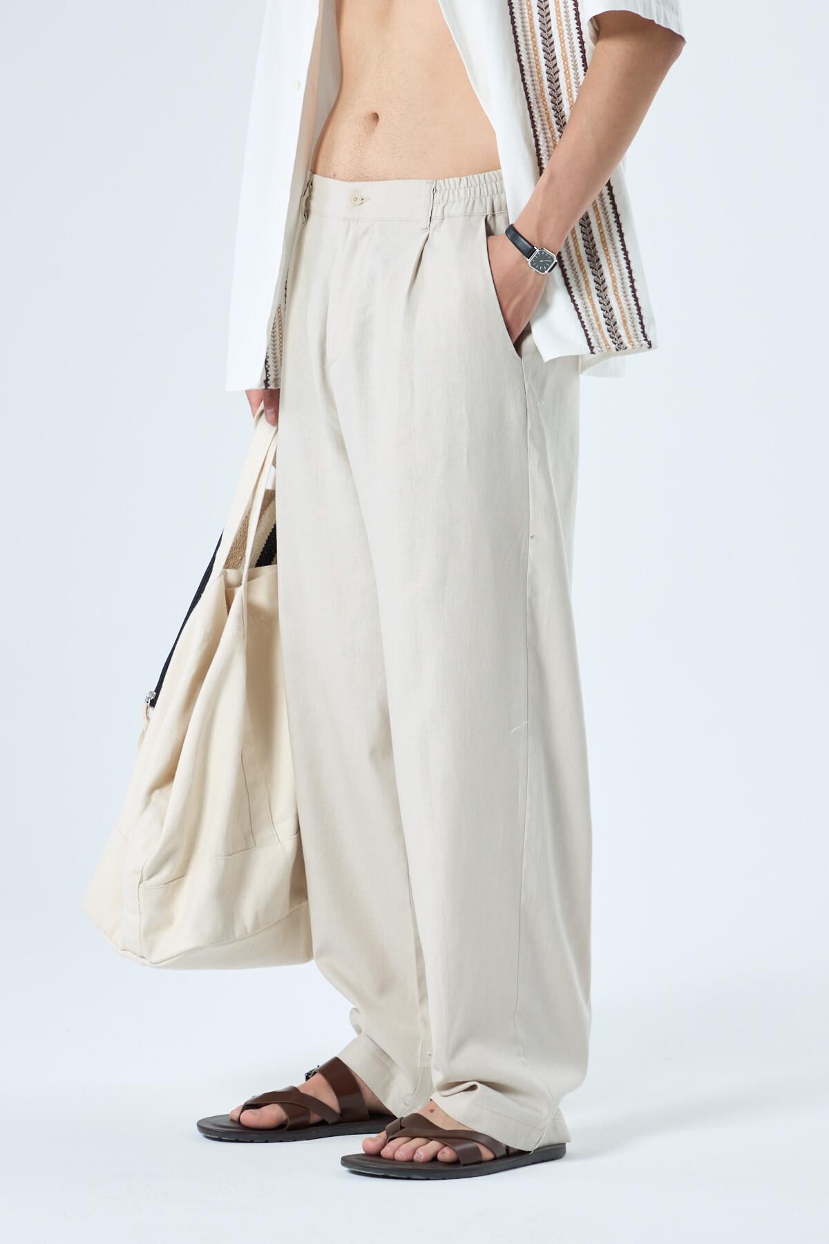 %100 Keten Baggy Pantolon Taş