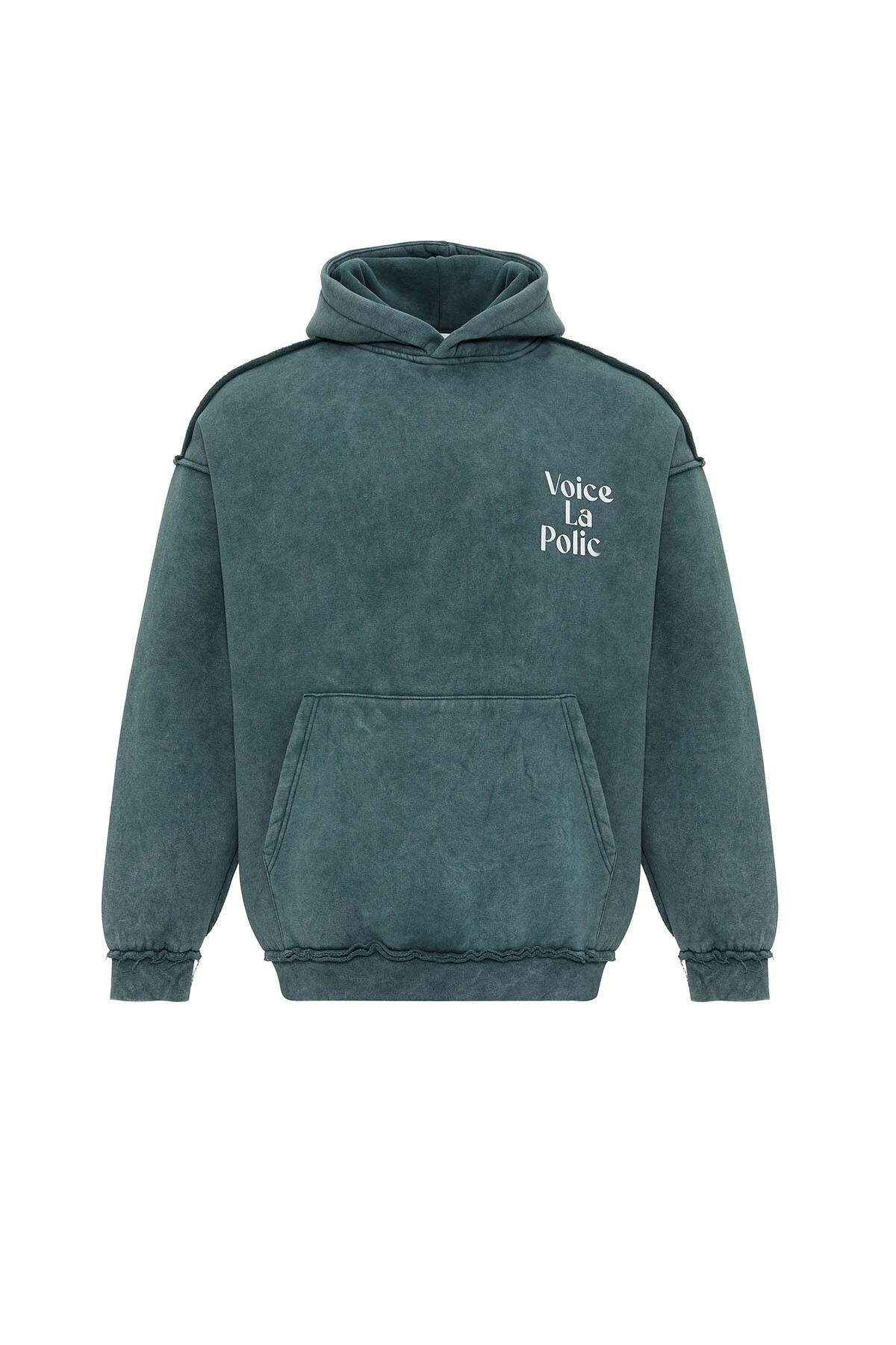 Arka Baskılı Oversize Kapüşonlu Sweatshirt Petrol