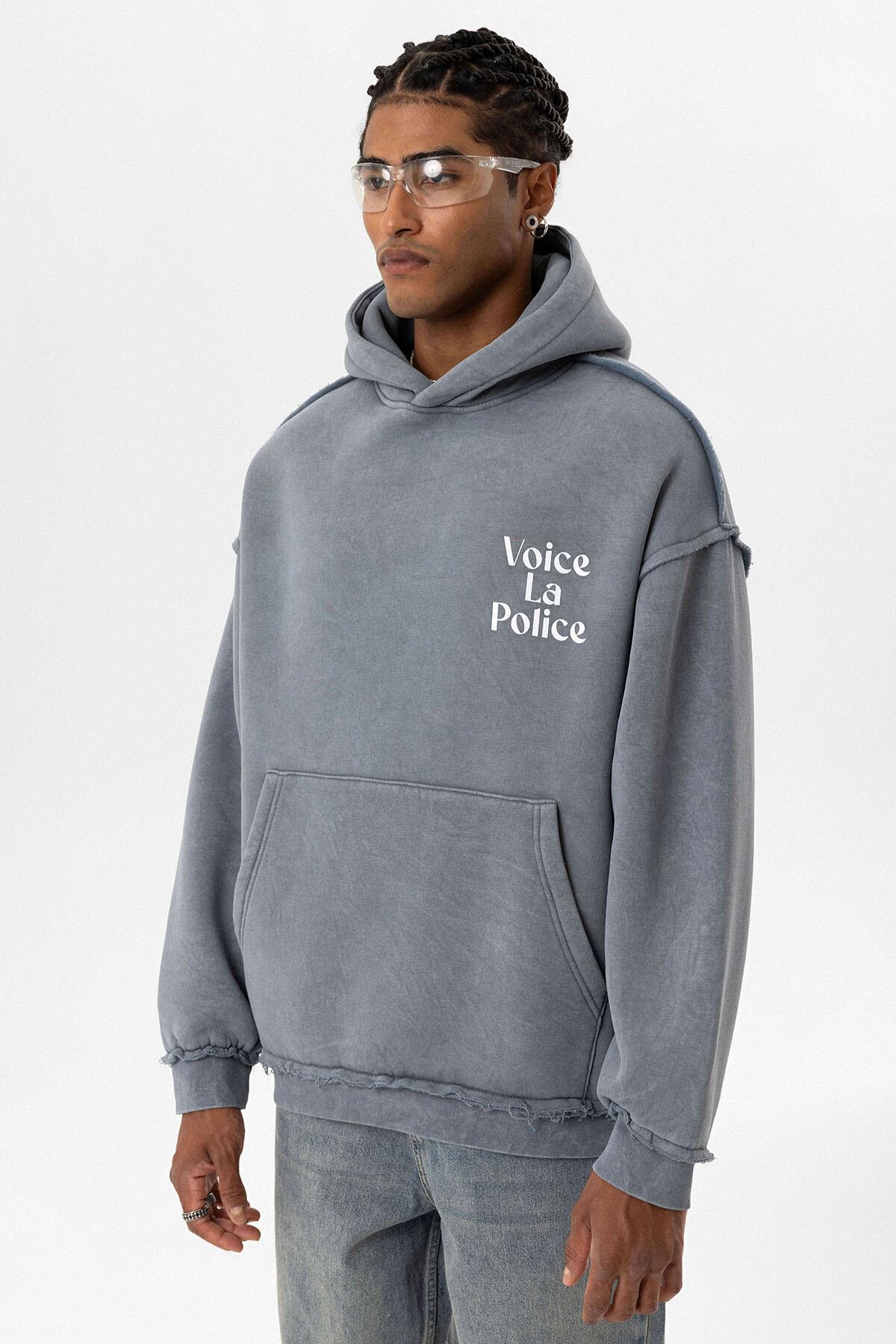Arka Baskılı Oversize Kapüşonlu Sweatshirt Açık Füme