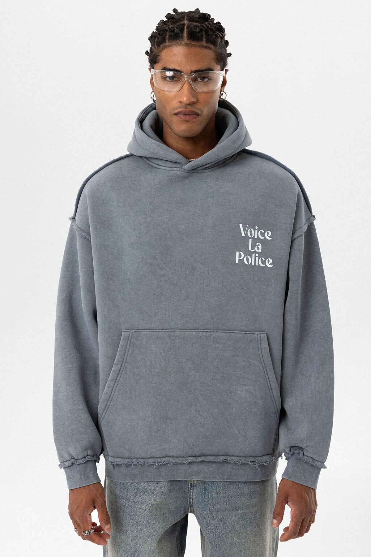 Arka Baskılı Oversize Kapüşonlu Sweatshirt Açık Füme