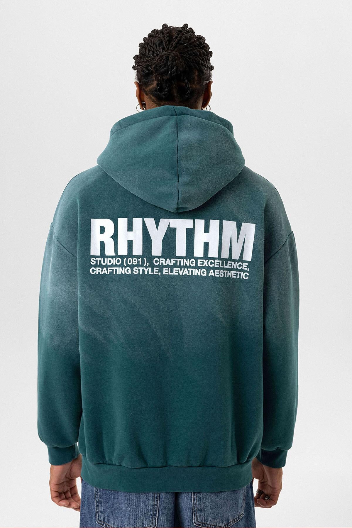 Arka Baskılı Oversize Kapüşonlu Sweatshirt Petrol