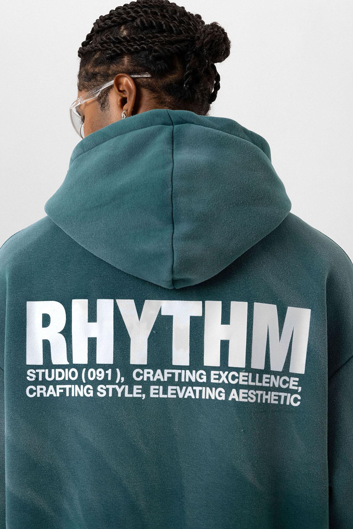 Arka Baskılı Oversize Kapüşonlu Sweatshirt Petrol