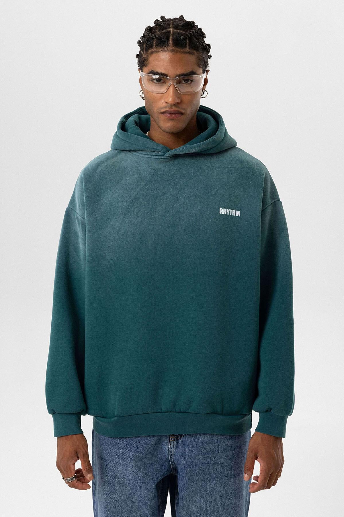 Arka Baskılı Oversize Kapüşonlu Sweatshirt Petrol
