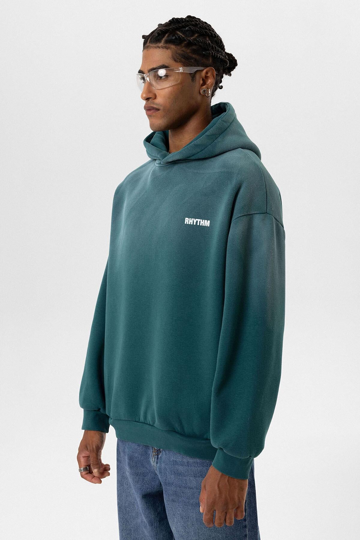Arka Baskılı Oversize Kapüşonlu Sweatshirt Petrol