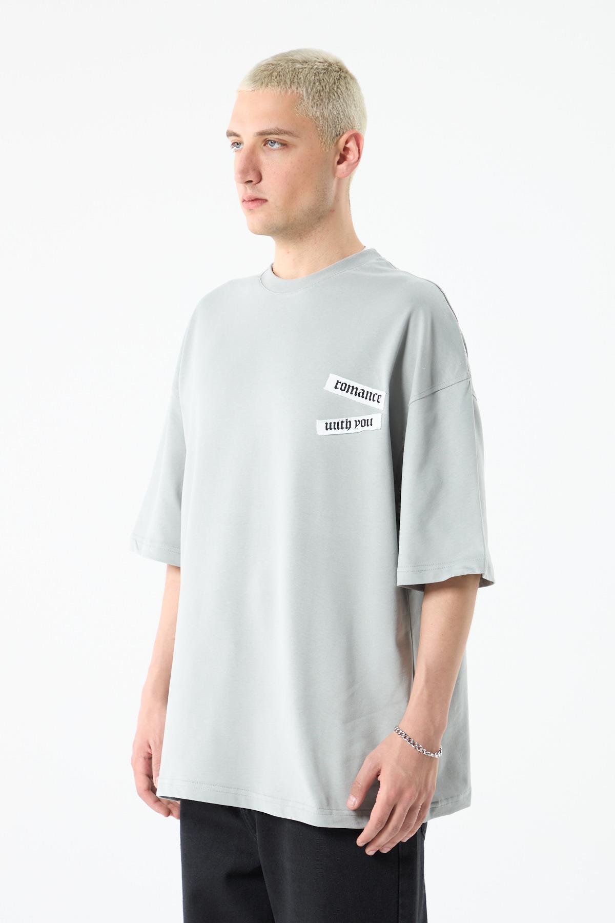 Arka Baskılı Oversize Tişört Gri