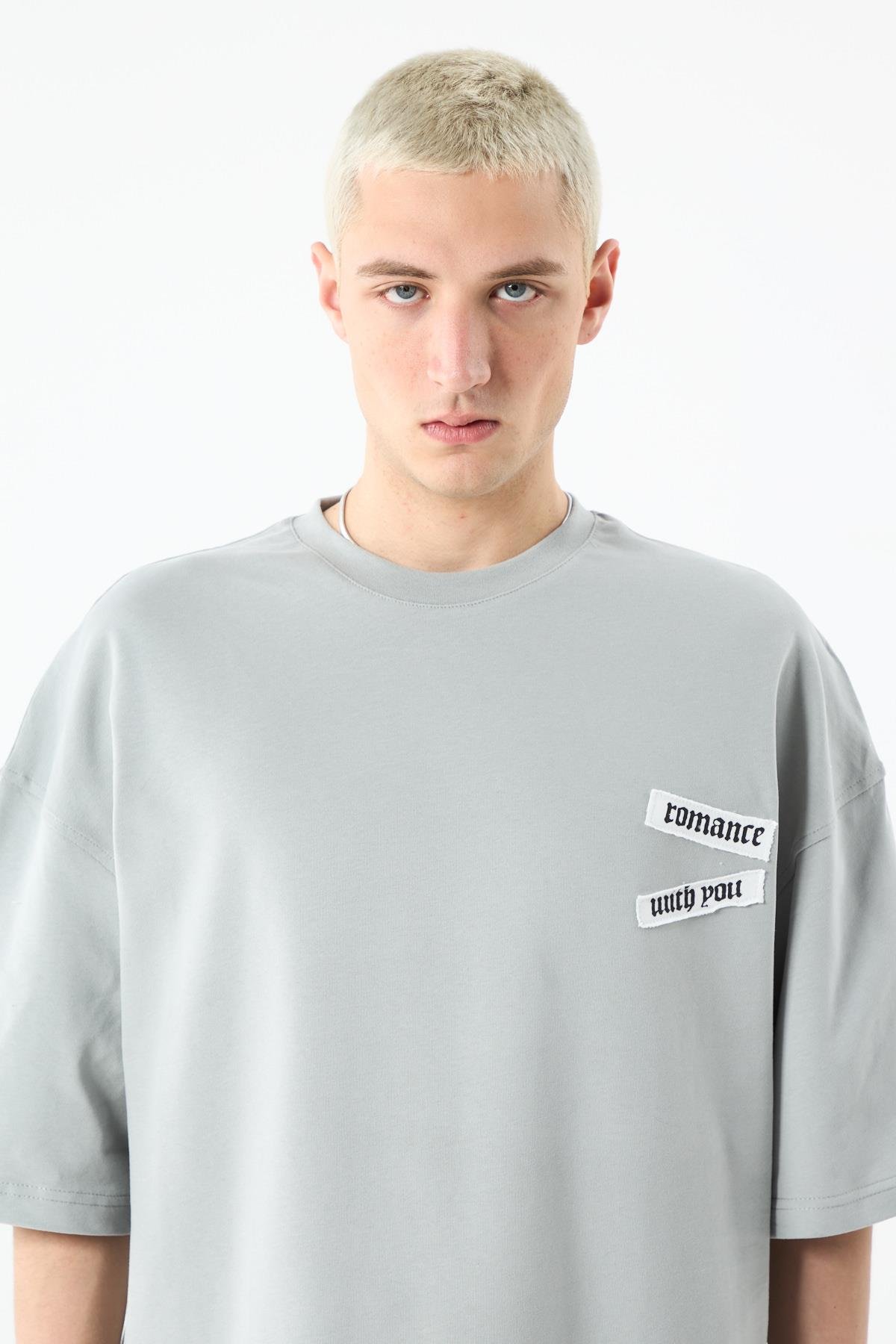Arka Baskılı Oversize Tişört Gri