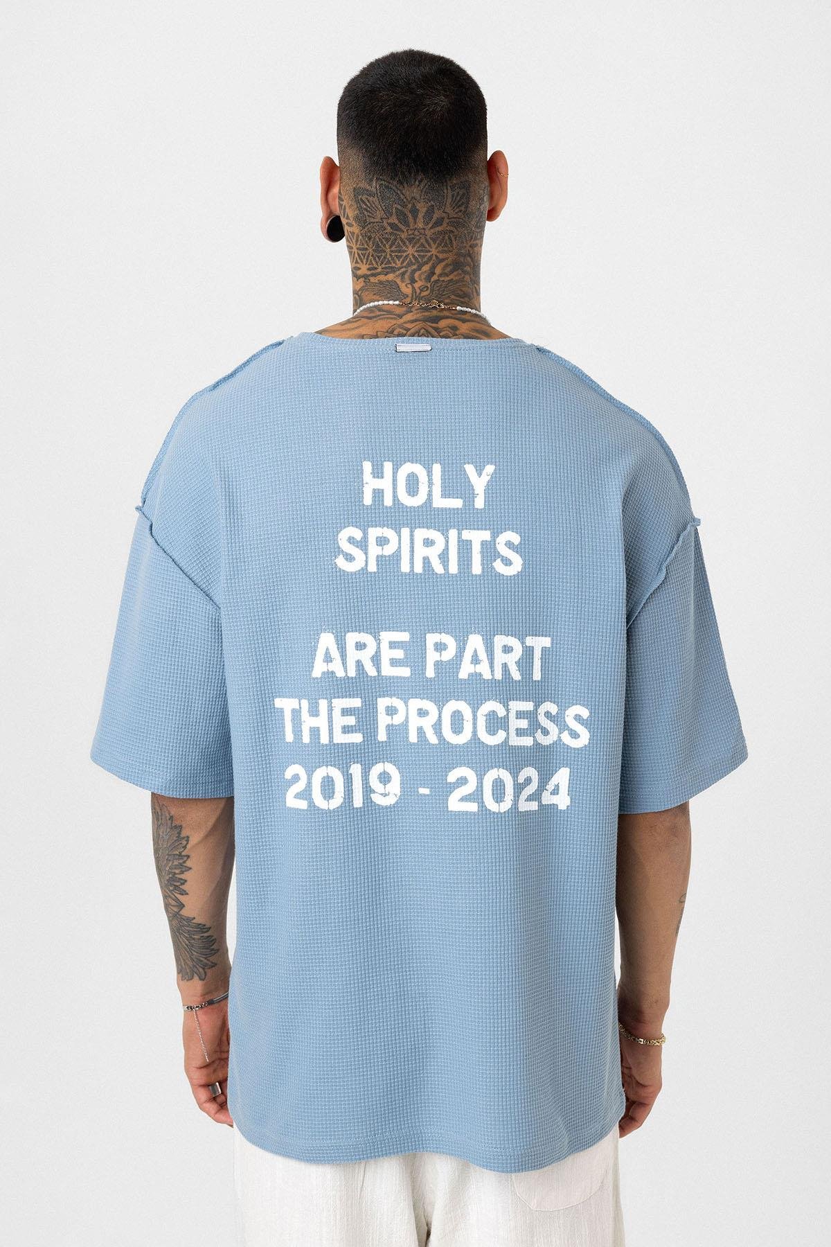 Arka Yazı Baskılı Oversize Triko Tişört Mavi