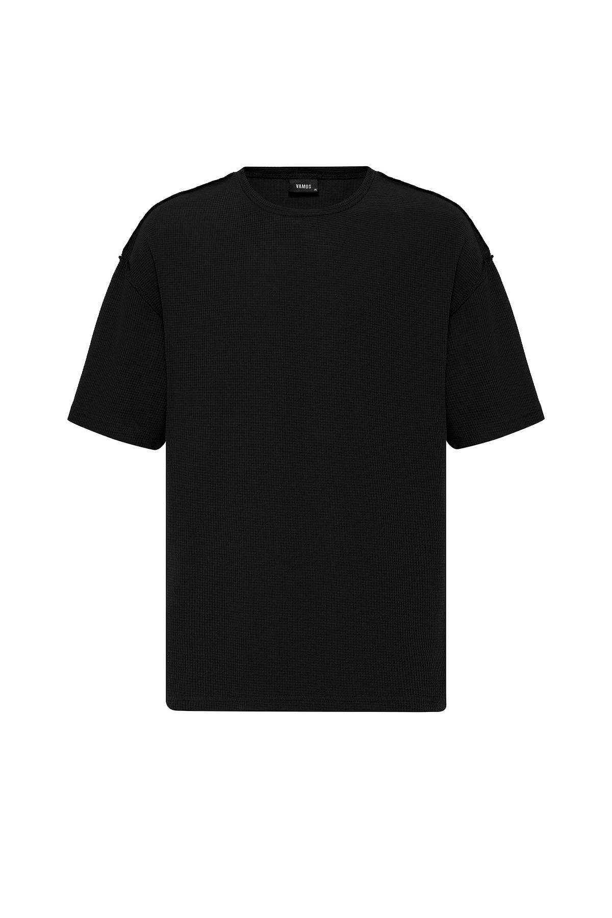 Arka Yazı Baskılı Oversize Triko Tişört Siyah