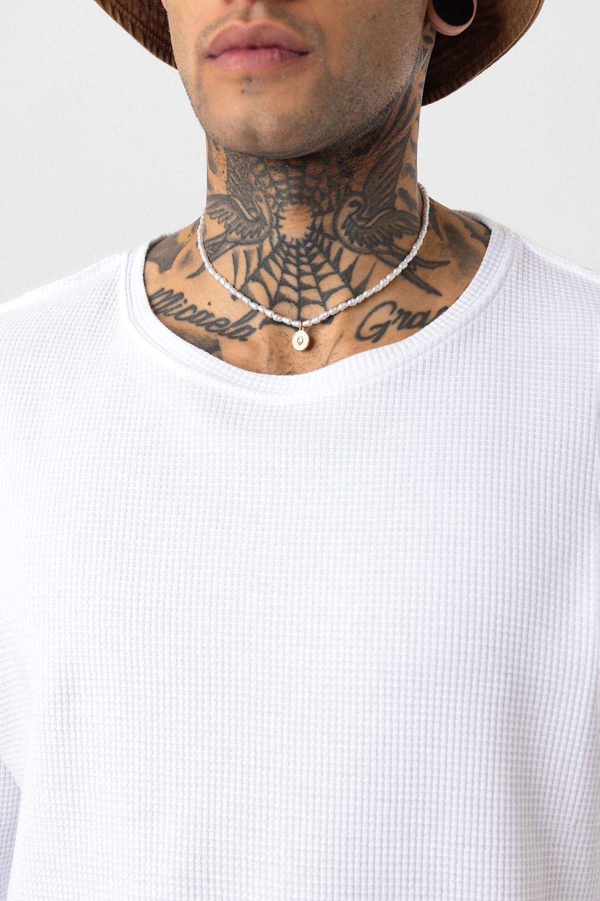 Arka Yazı Baskılı Oversize Triko Tişört Beyaz