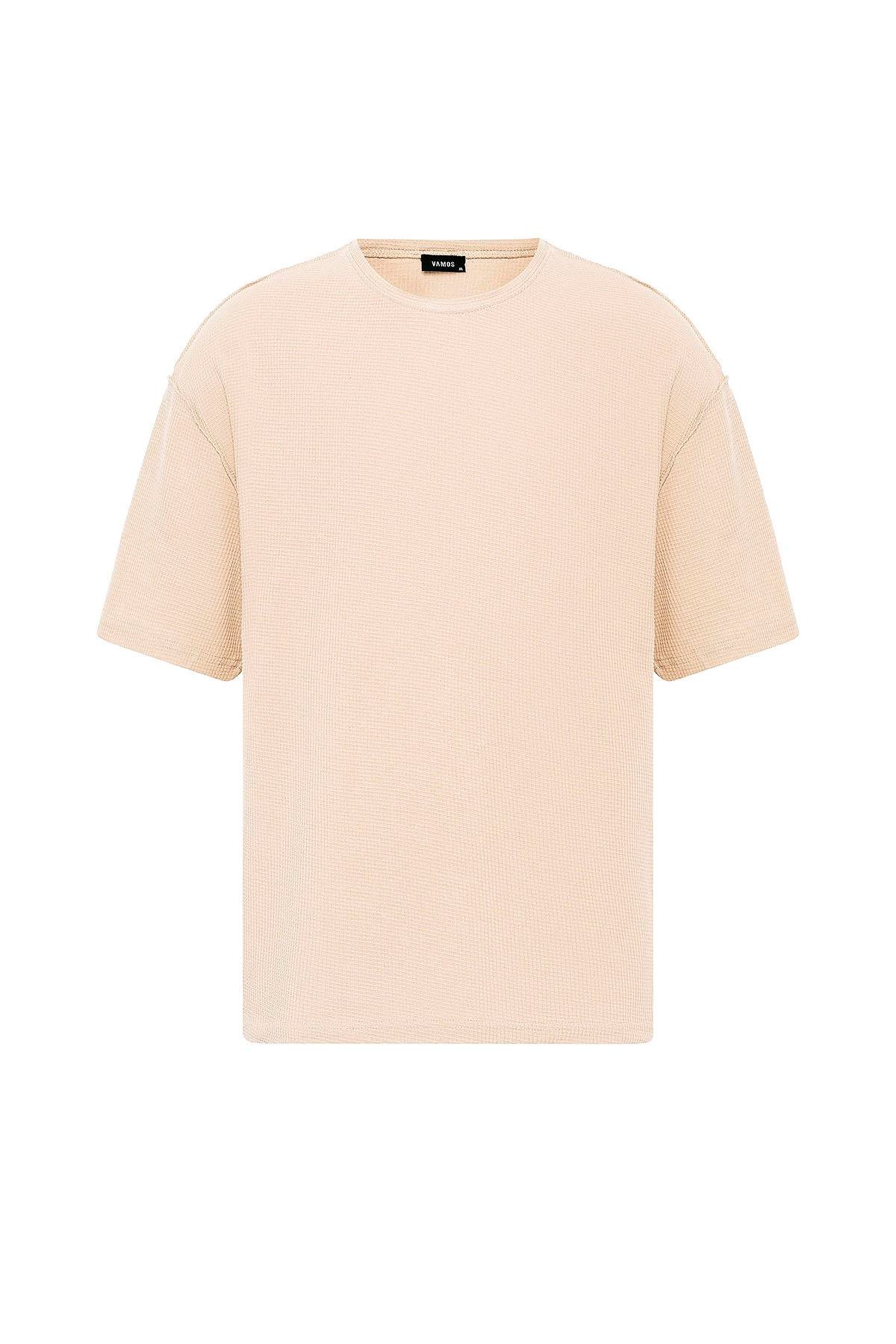 Arka Yazı Baskılı Oversize Triko Tişört Bej