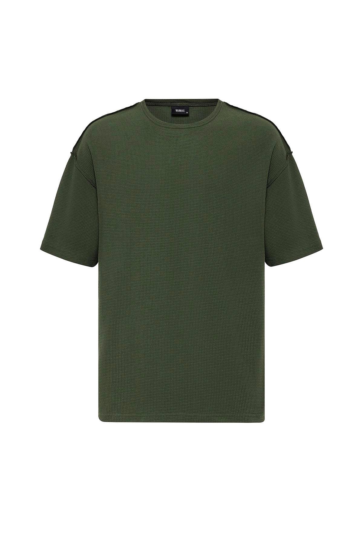 Arka Yazı Baskılı Oversize Triko Tişört Haki