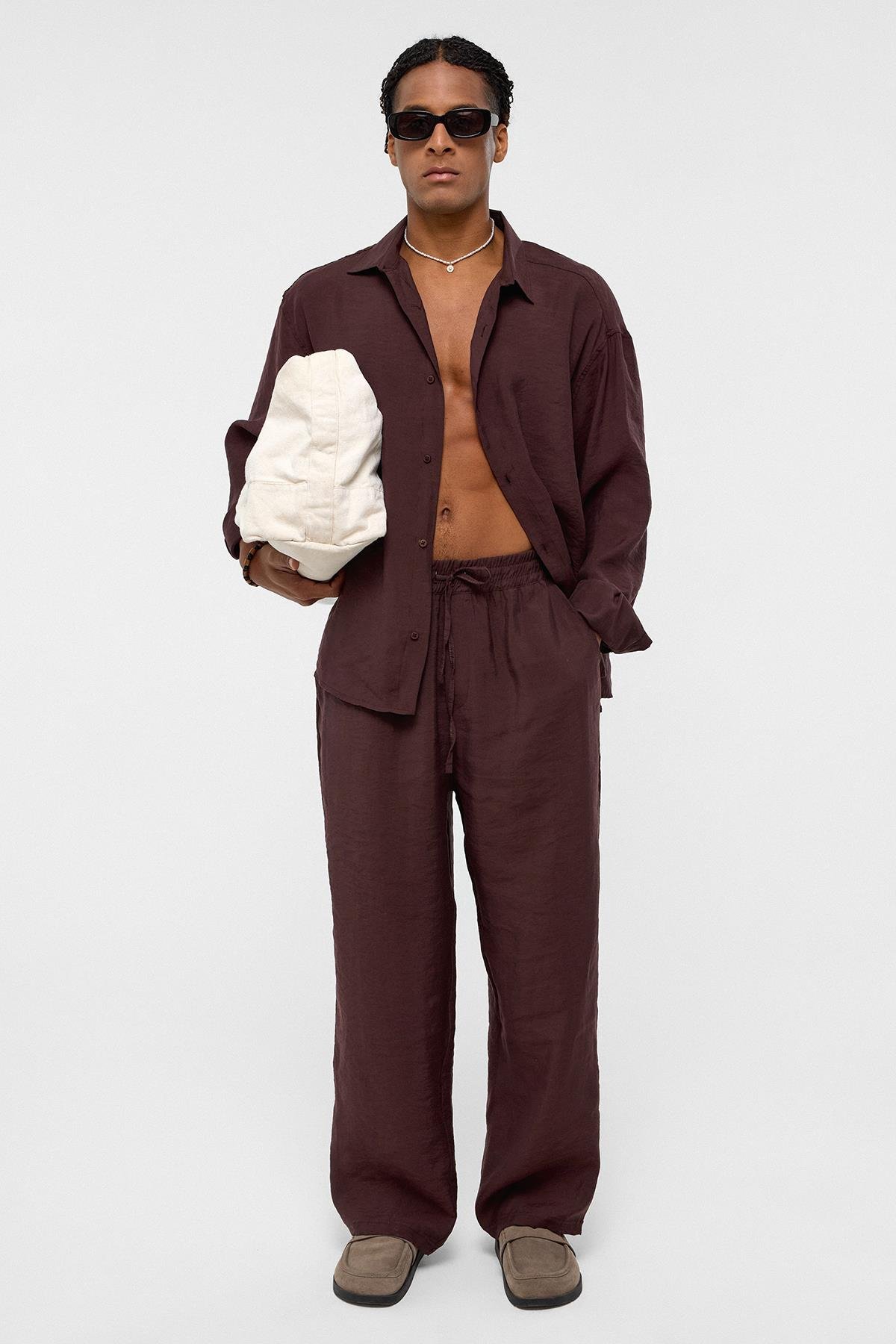 Baggy Fit Modal Kumaş Pantolon Kahve