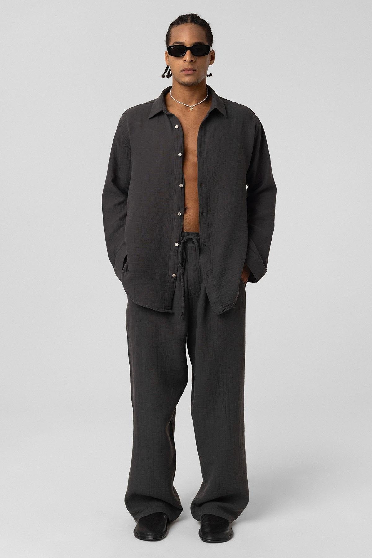 Baggy Fit Müslin Keten Pantolon Antrasit