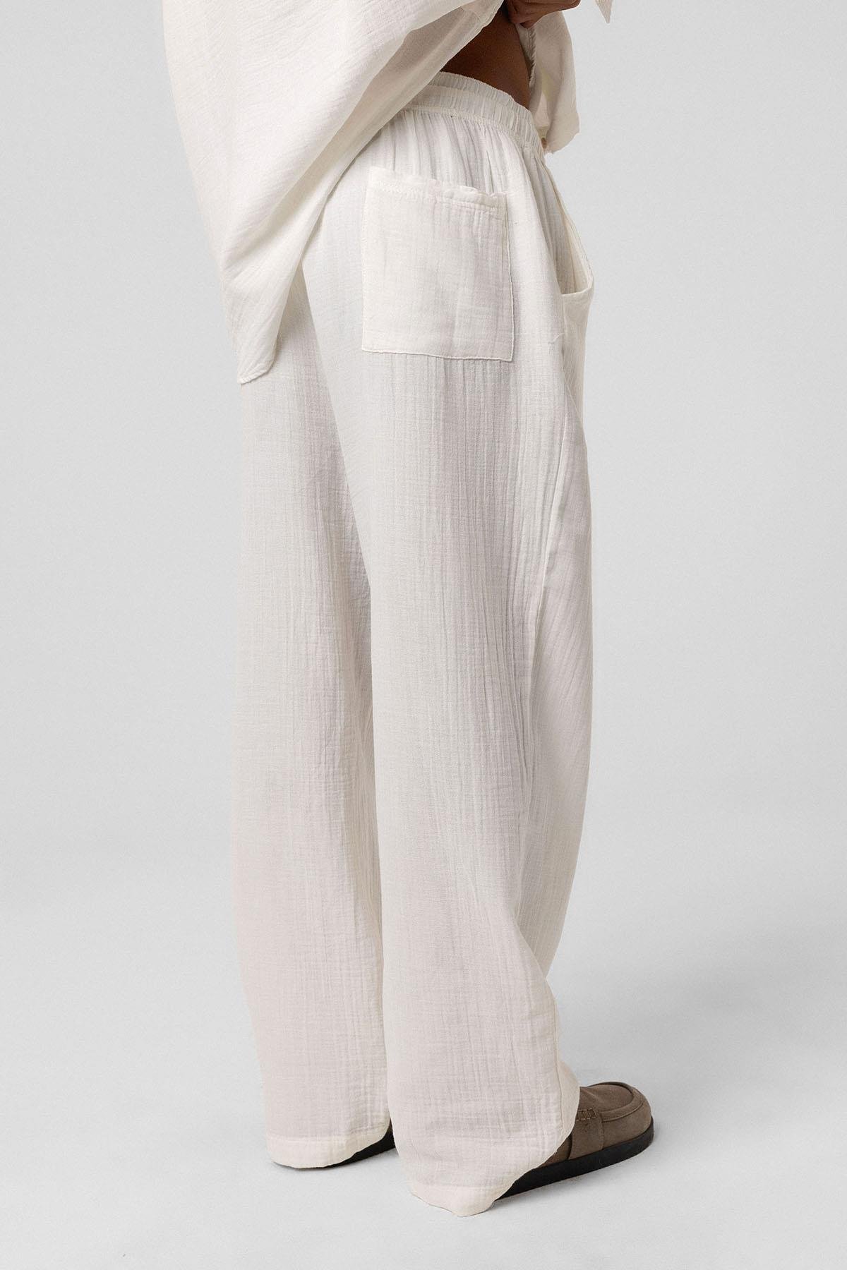 Baggy Fit Müslin Keten Pantolon Ekru