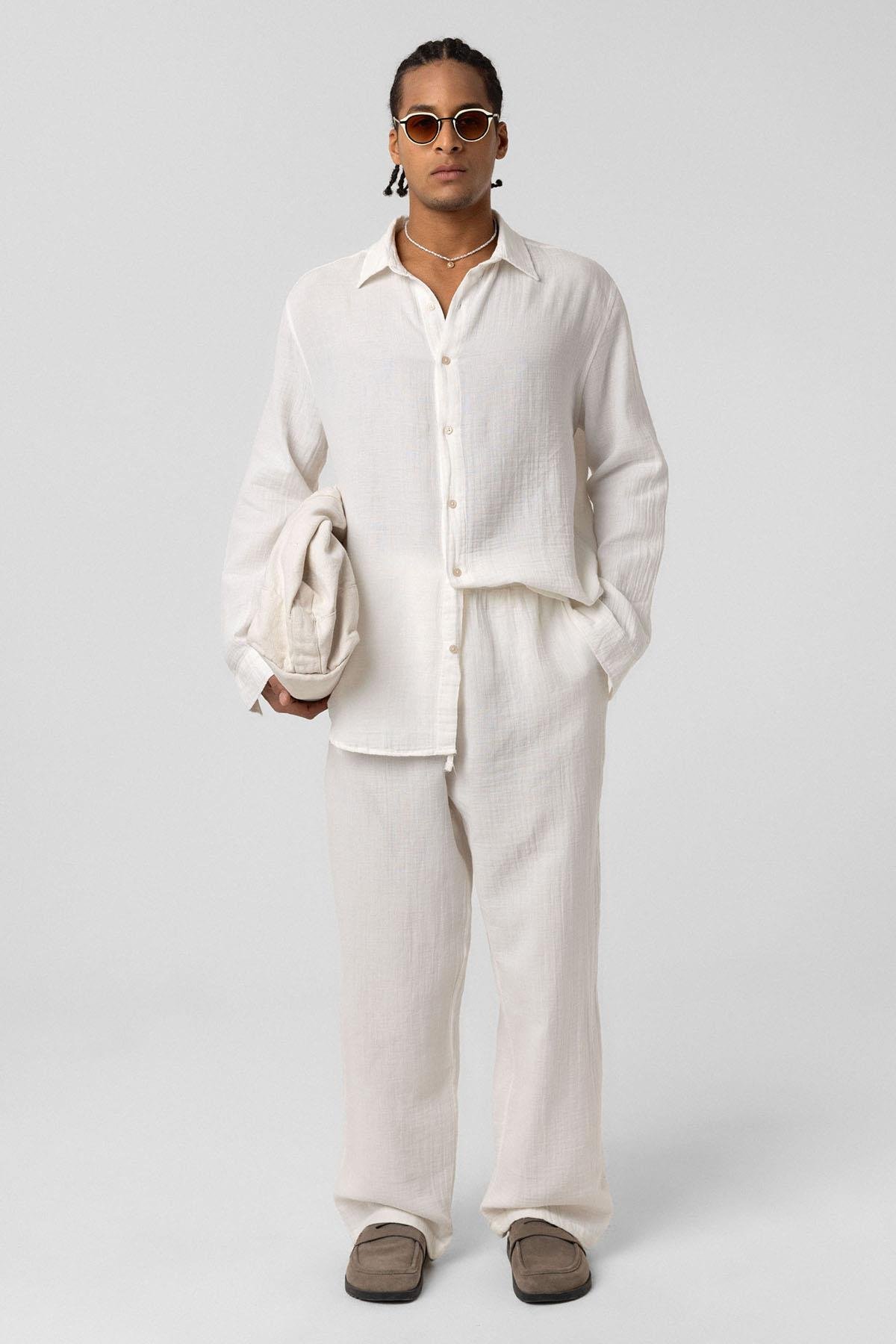 Baggy Fit Müslin Keten Pantolon Ekru