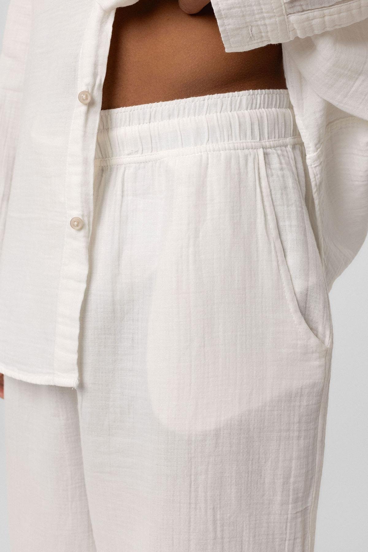 Baggy Fit Müslin Keten Pantolon Ekru