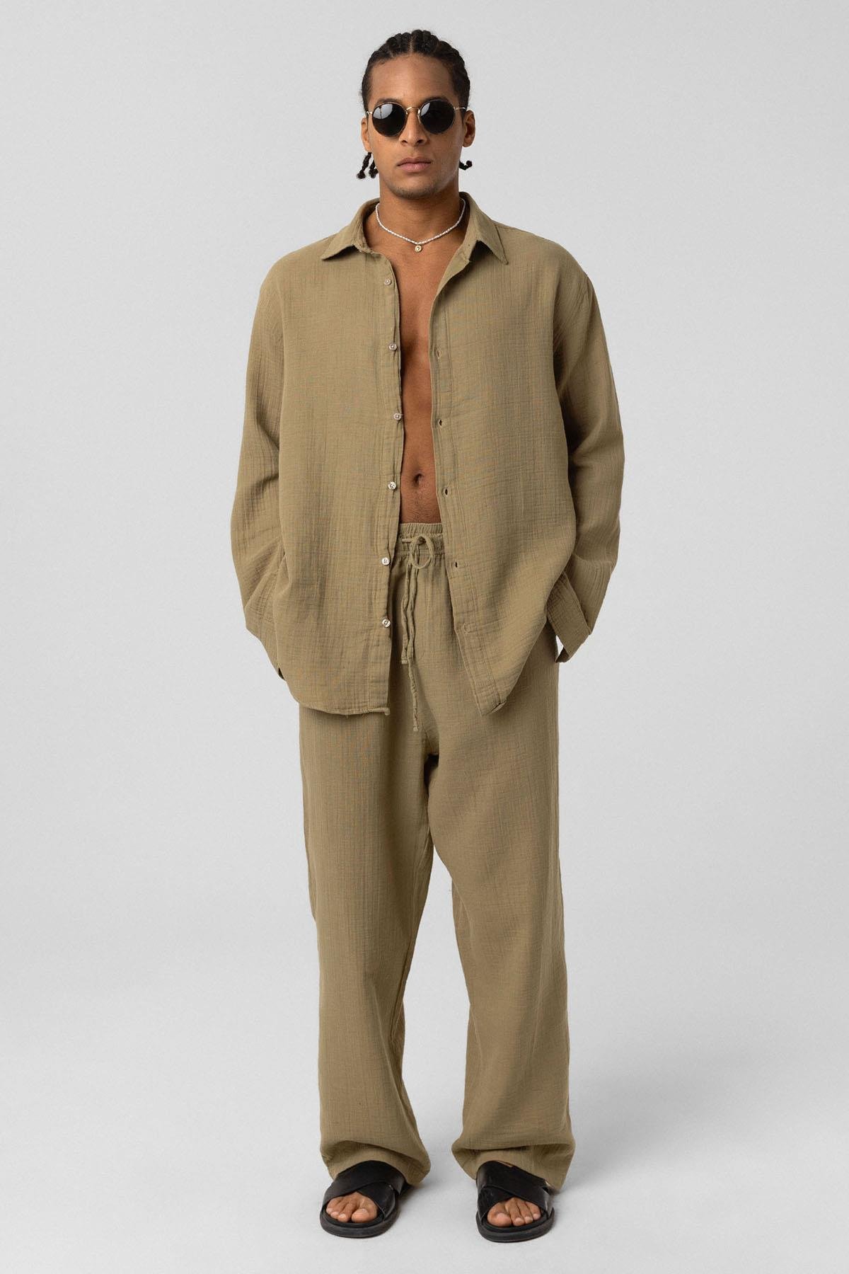 Baggy Fit Müslin Keten Pantolon Haki