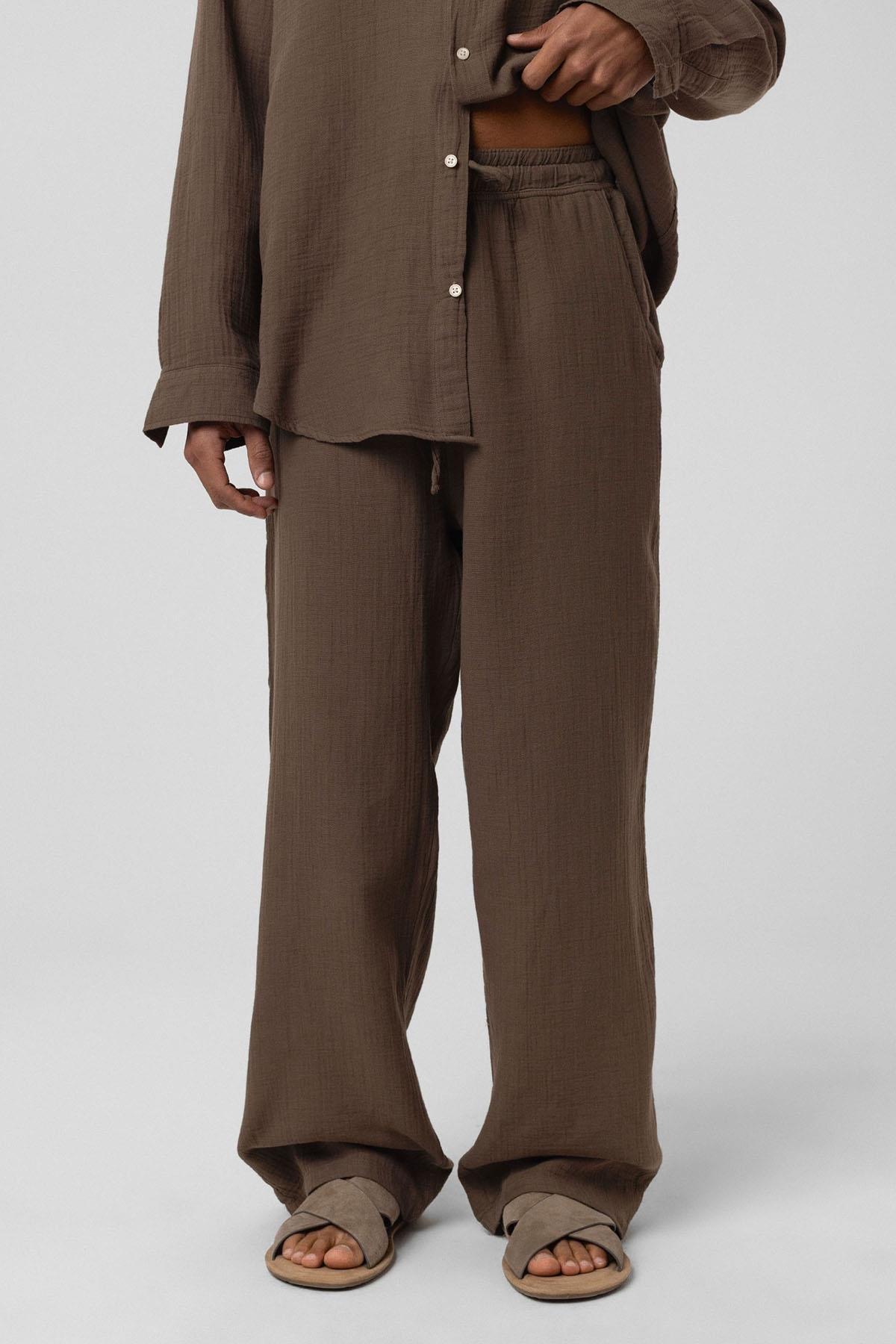 Baggy Fit Müslin Keten Pantolon Kahve