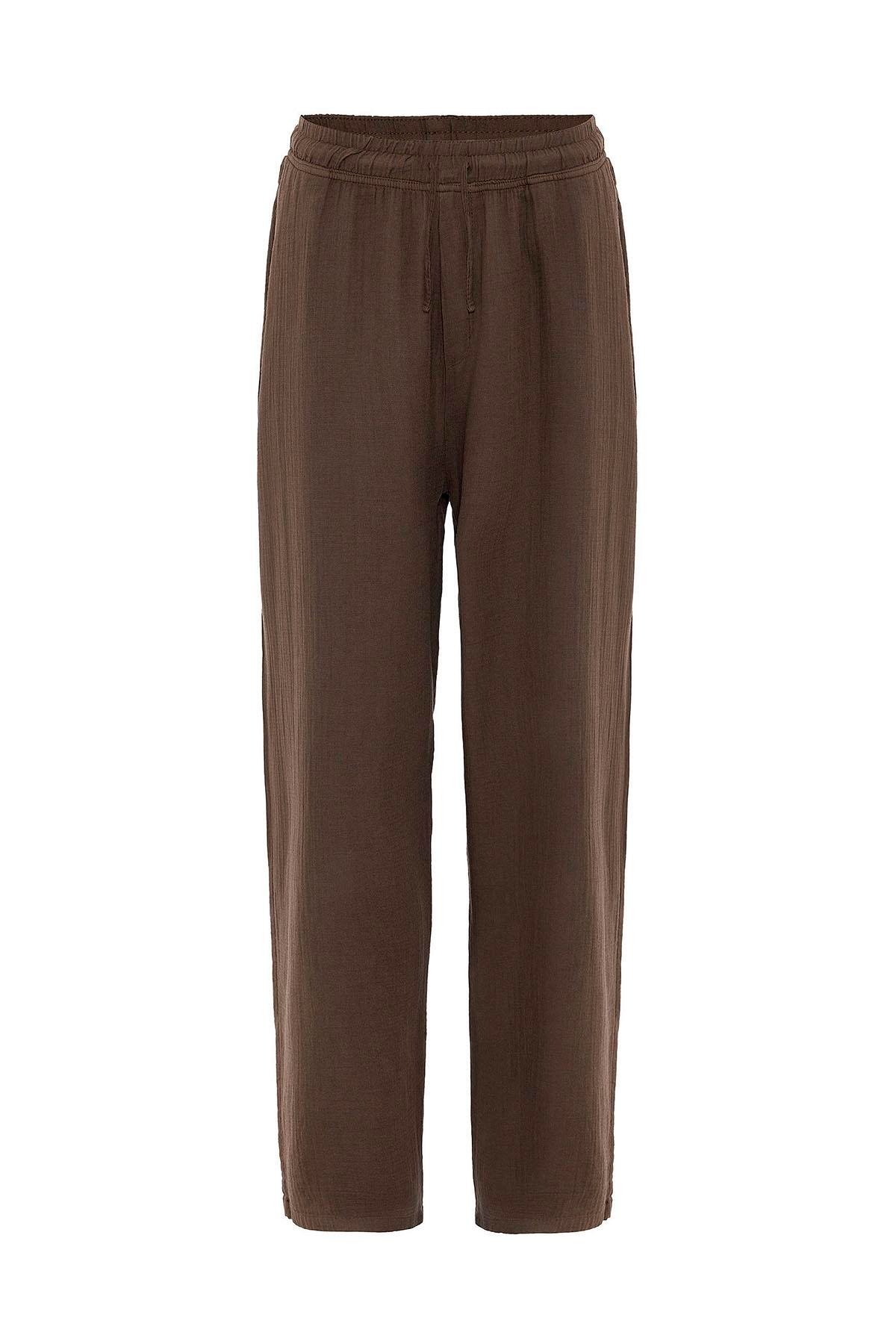 Baggy Fit Müslin Keten Pantolon Kahve