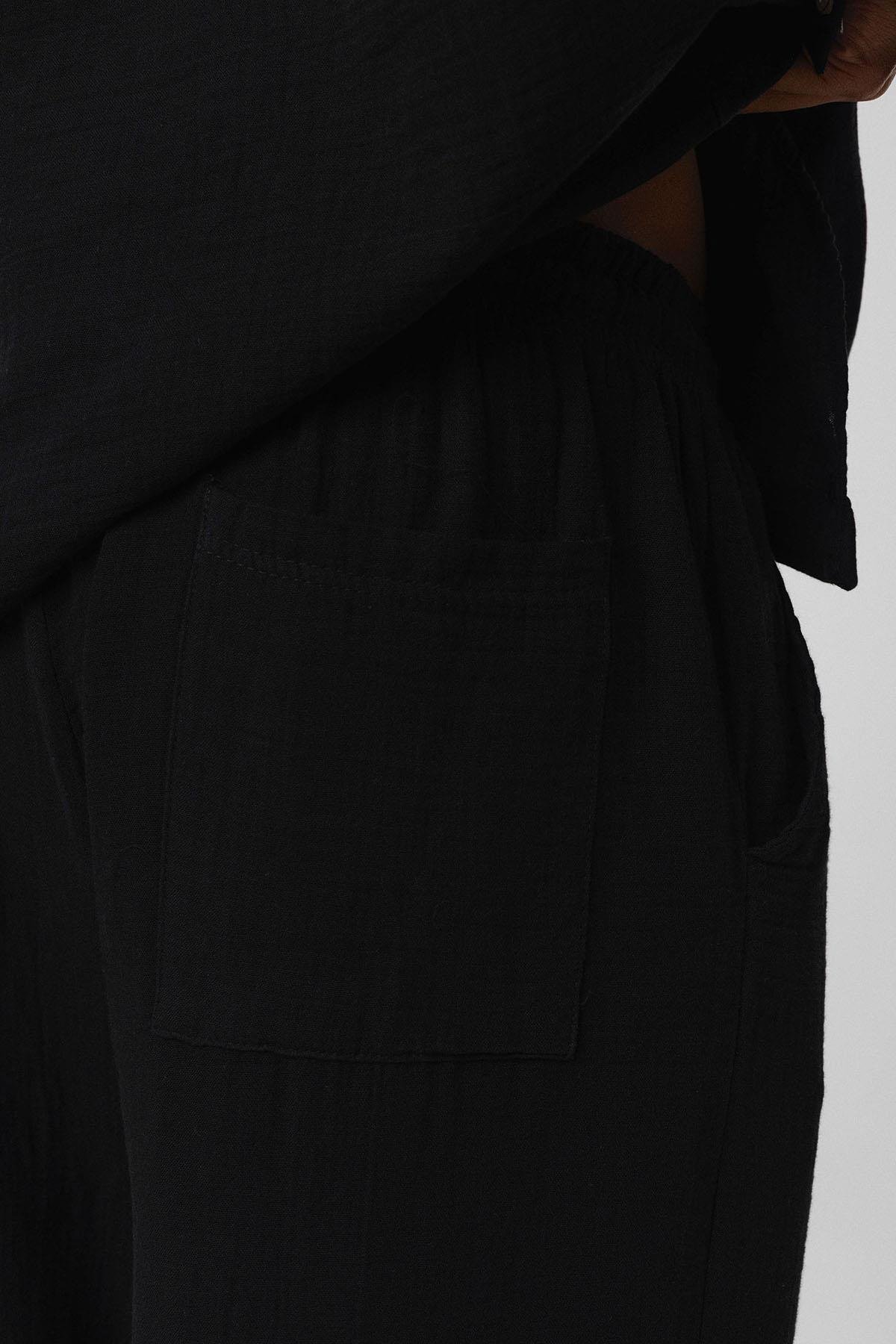 Baggy Fit Müslin Keten Pantolon Siyah