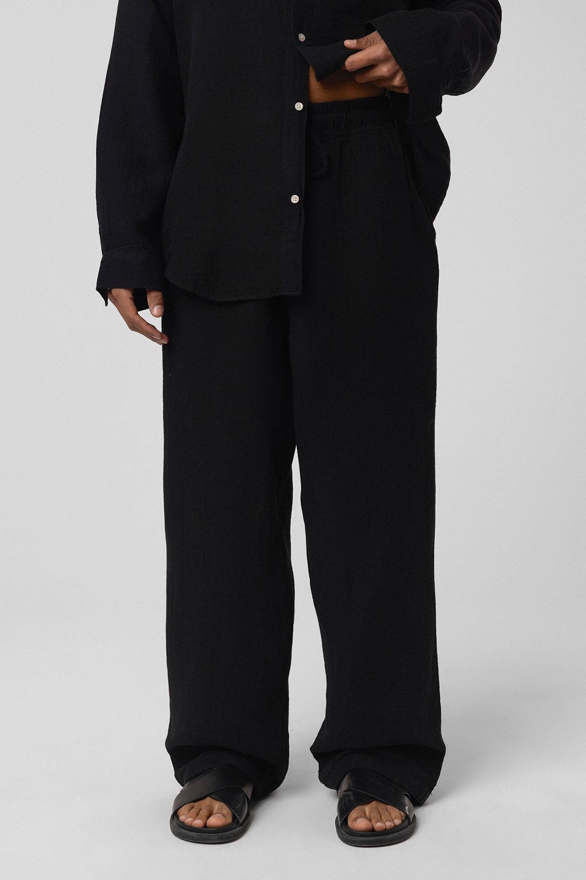 Baggy Fit Müslin Keten Pantolon Siyah