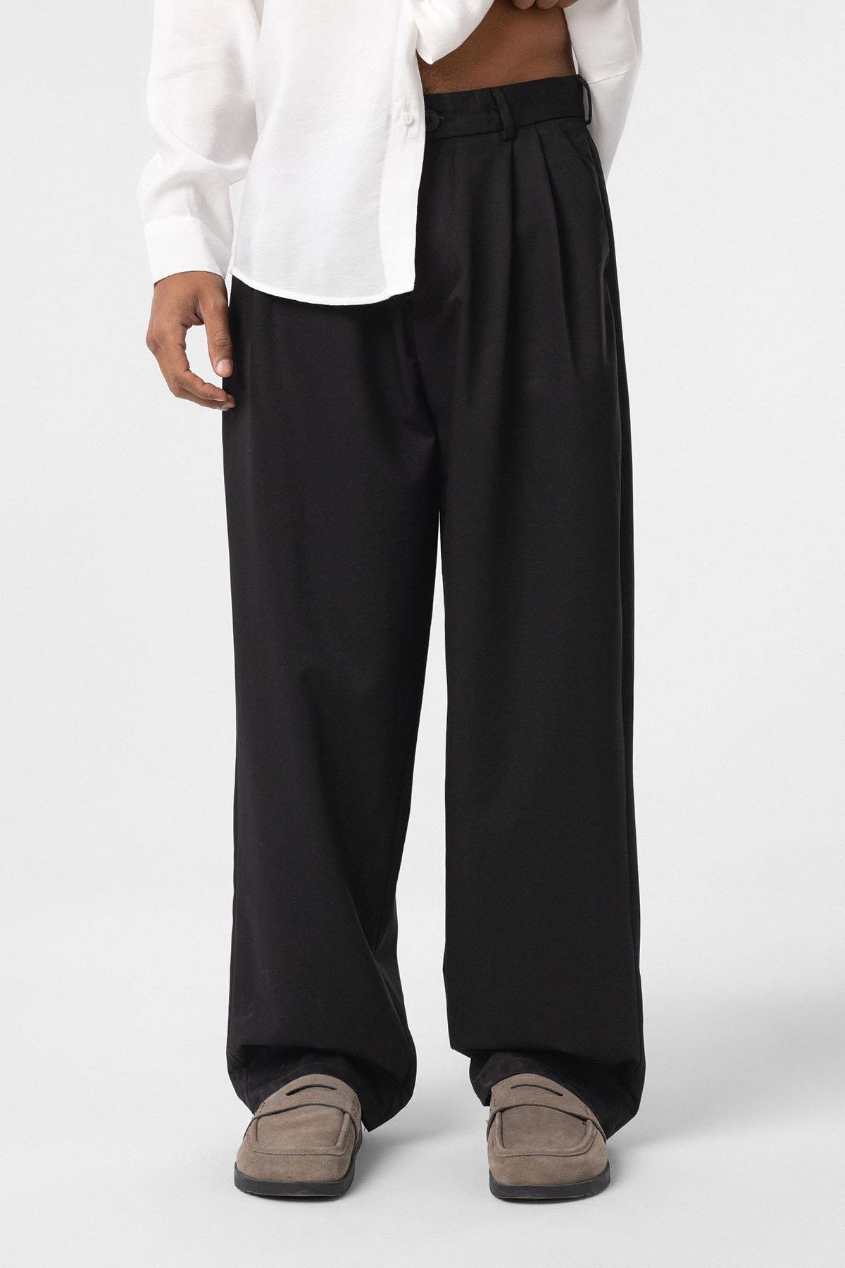 Baggy Fit Pileli Kumaş Pantolon Siyah