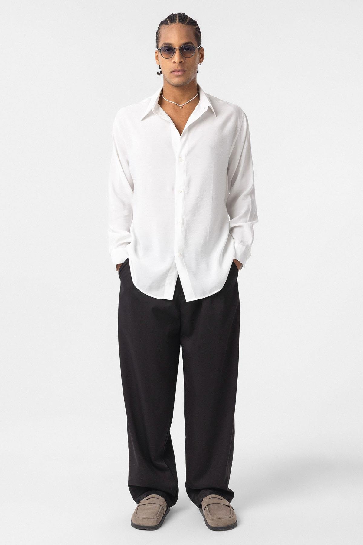 Baggy Fit Pileli Kumaş Pantolon Siyah