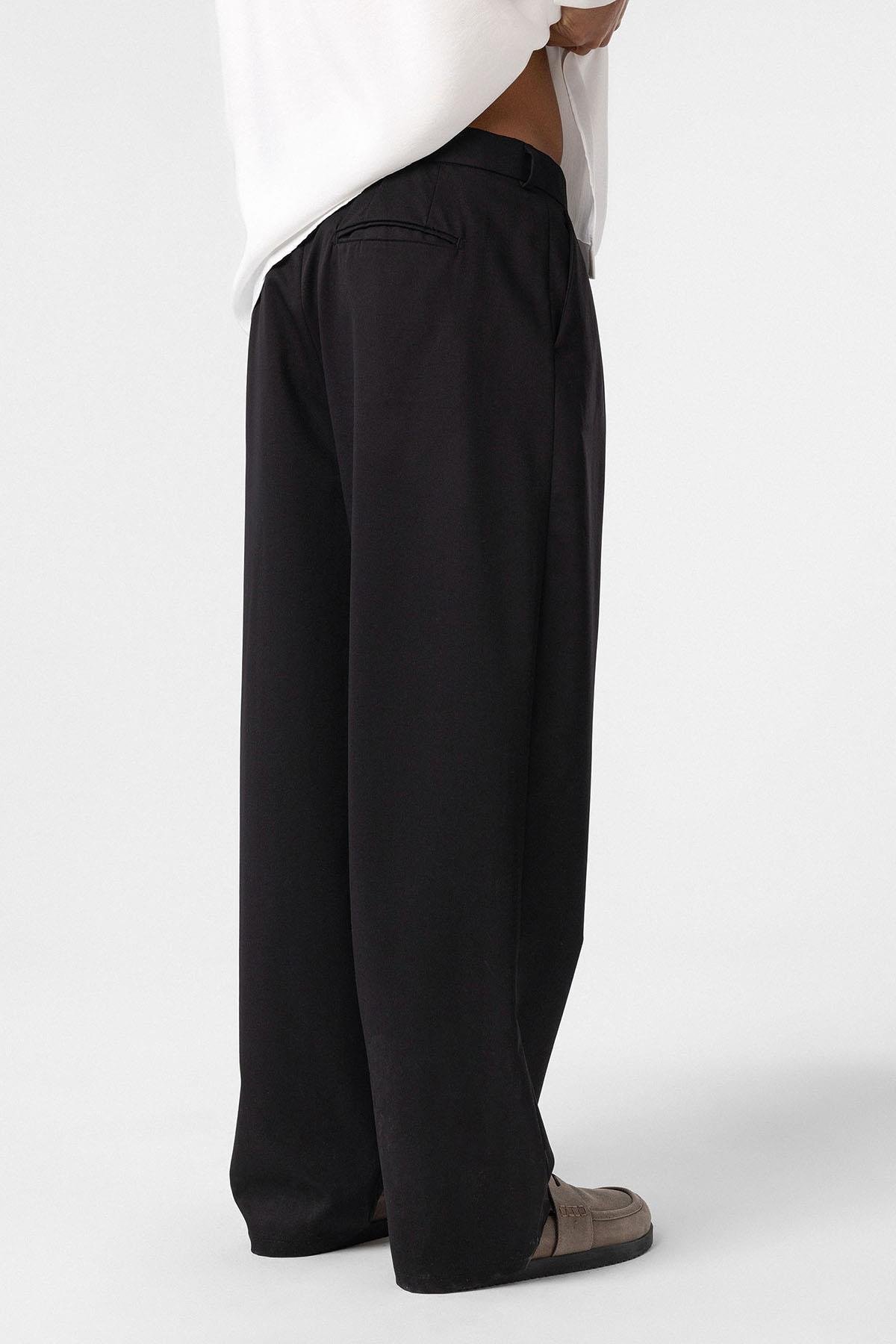 Baggy Fit Pileli Kumaş Pantolon Siyah