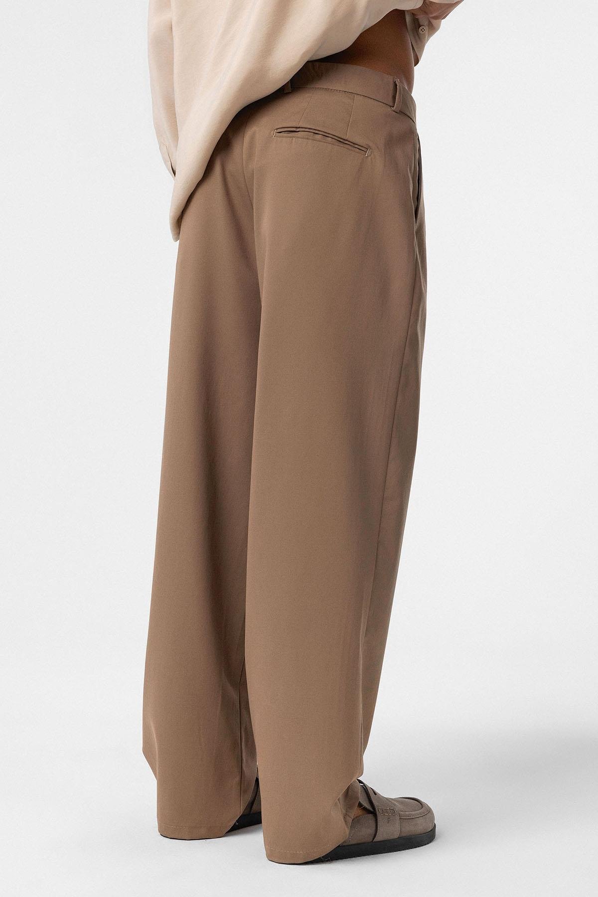 Baggy Fit Pileli Kumaş Pantolon Vizon