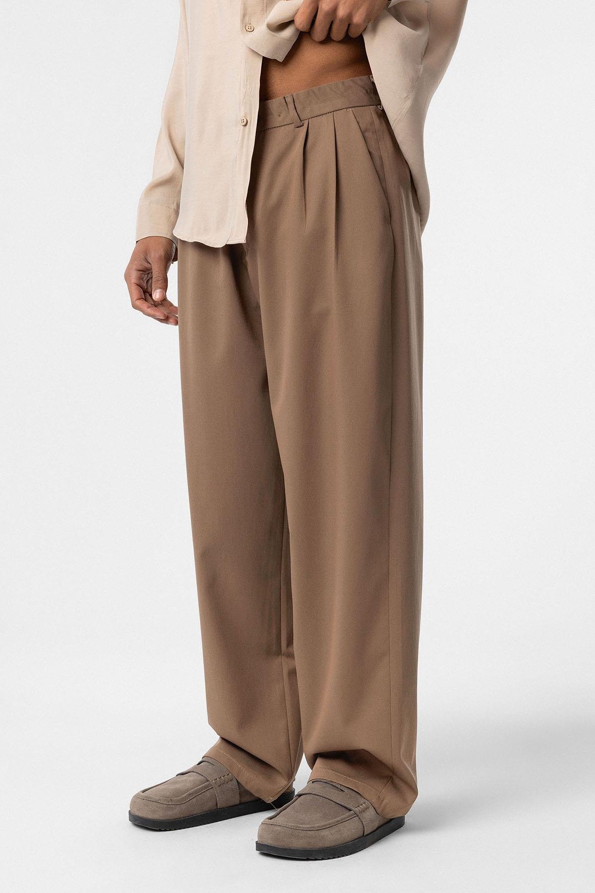 Baggy Fit Pileli Kumaş Pantolon Vizon