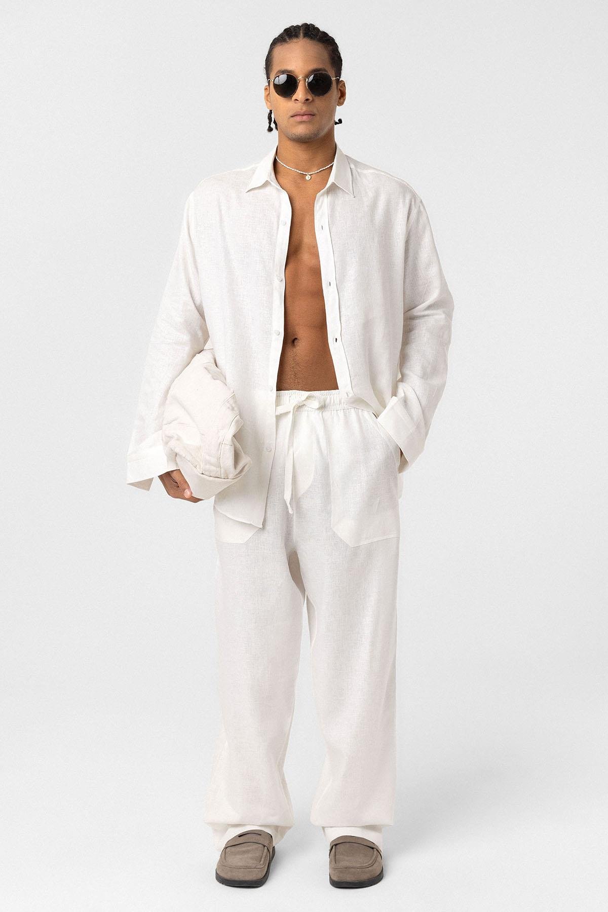 Baggy Keten Pantolon Ekru