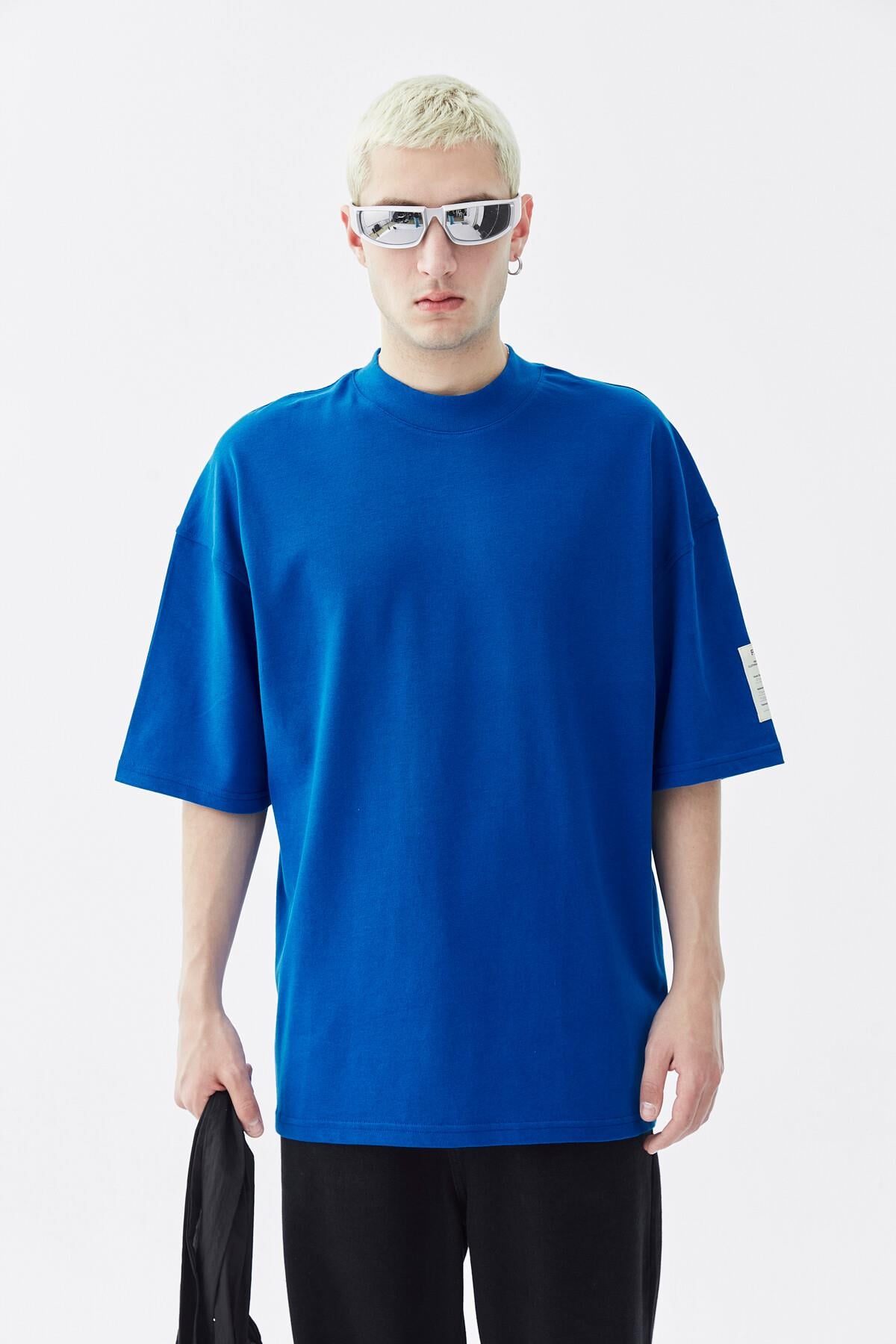 Balıkçı Yaka Etiket Detaylı Oversize Tişört - Açık Füme Saks