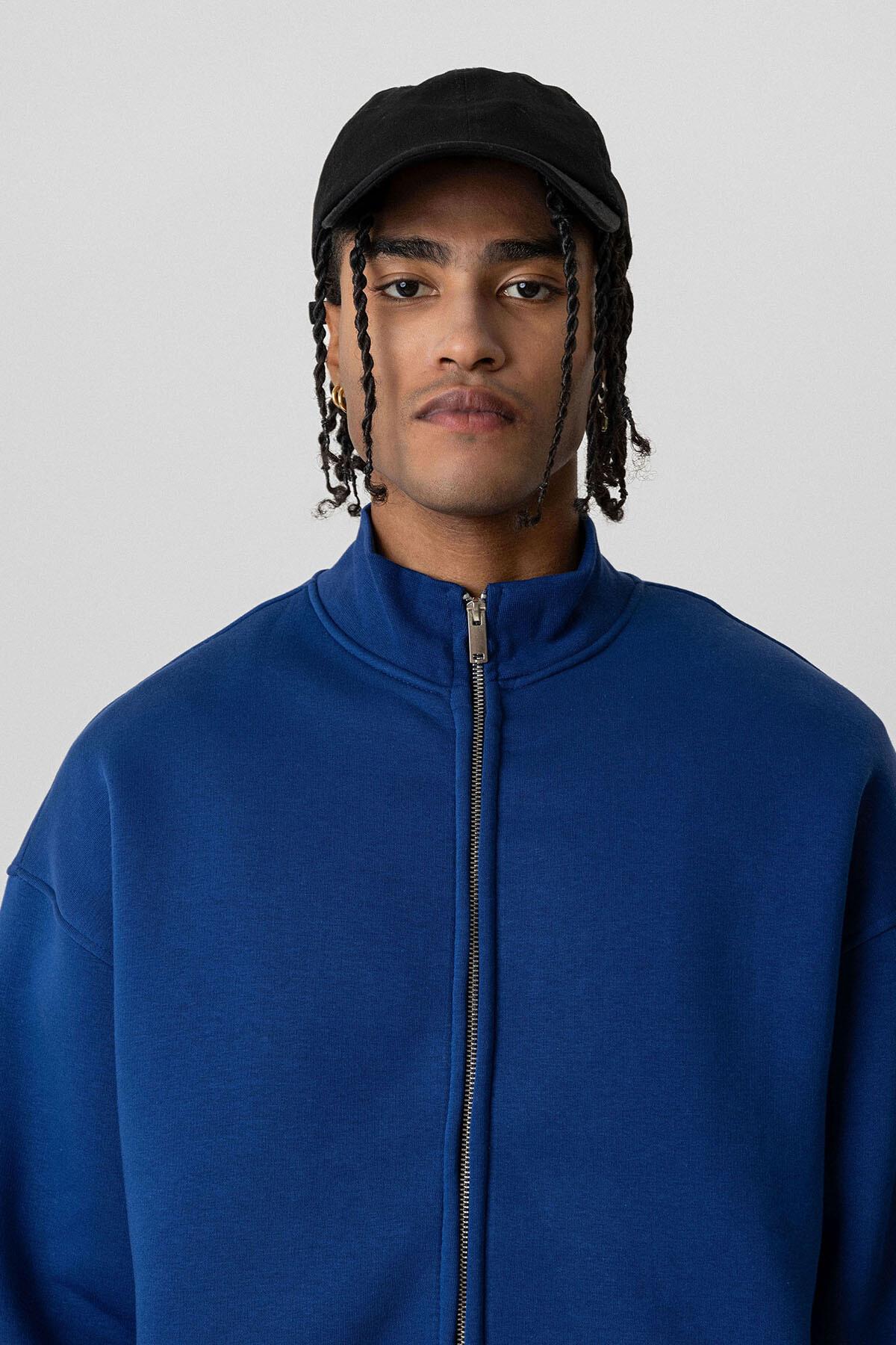 Basıc Fermuarlı Oversize Sweatshirt İndigo