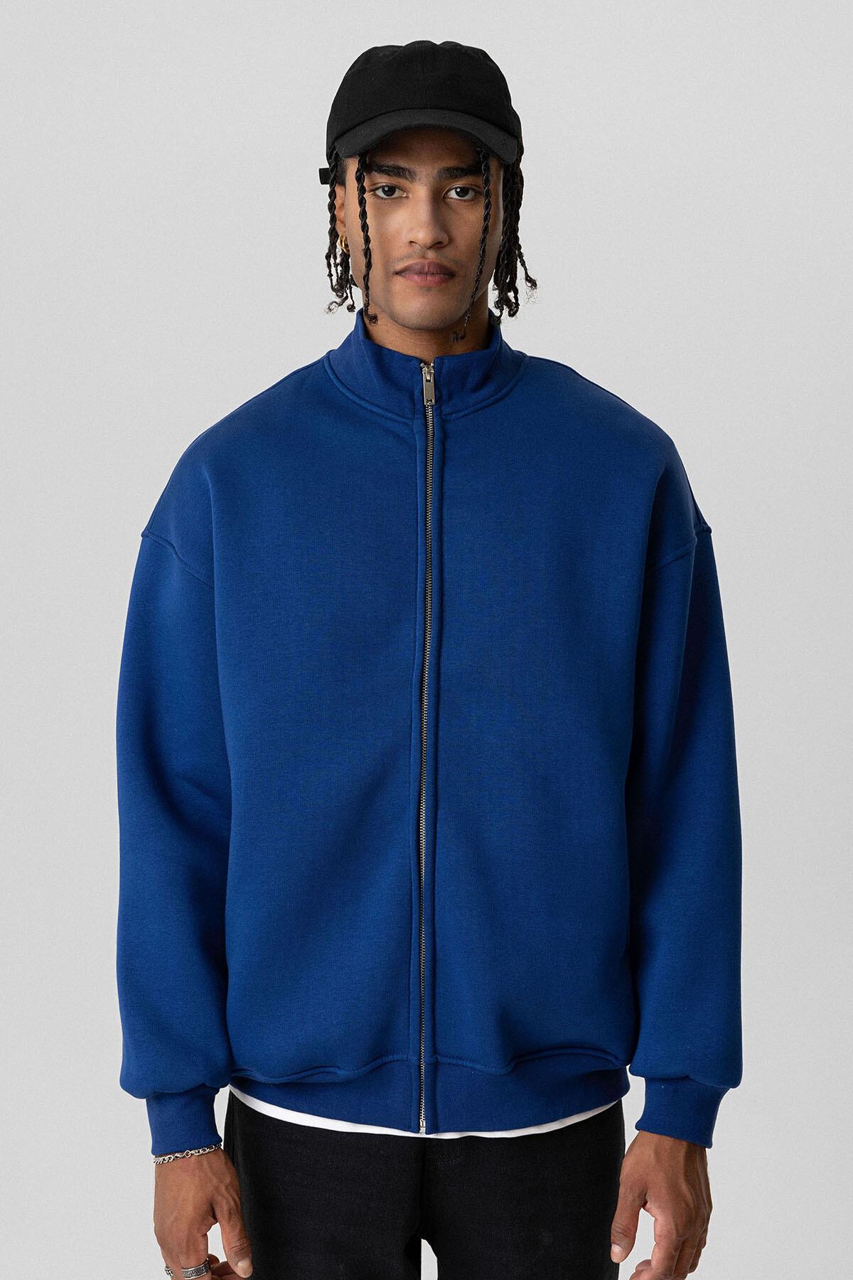 Basıc Fermuarlı Oversize Sweatshirt İndigo