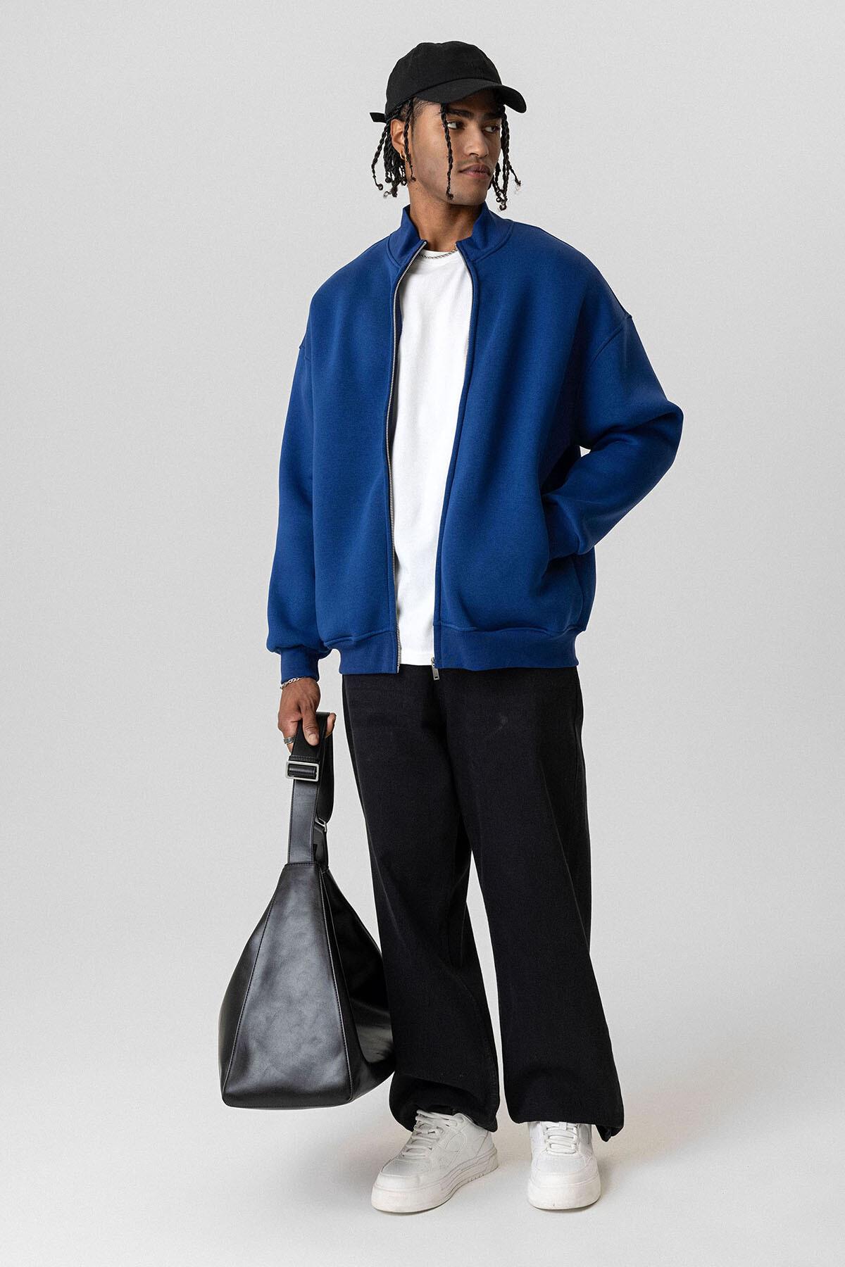 Basıc Fermuarlı Oversize Sweatshirt İndigo
