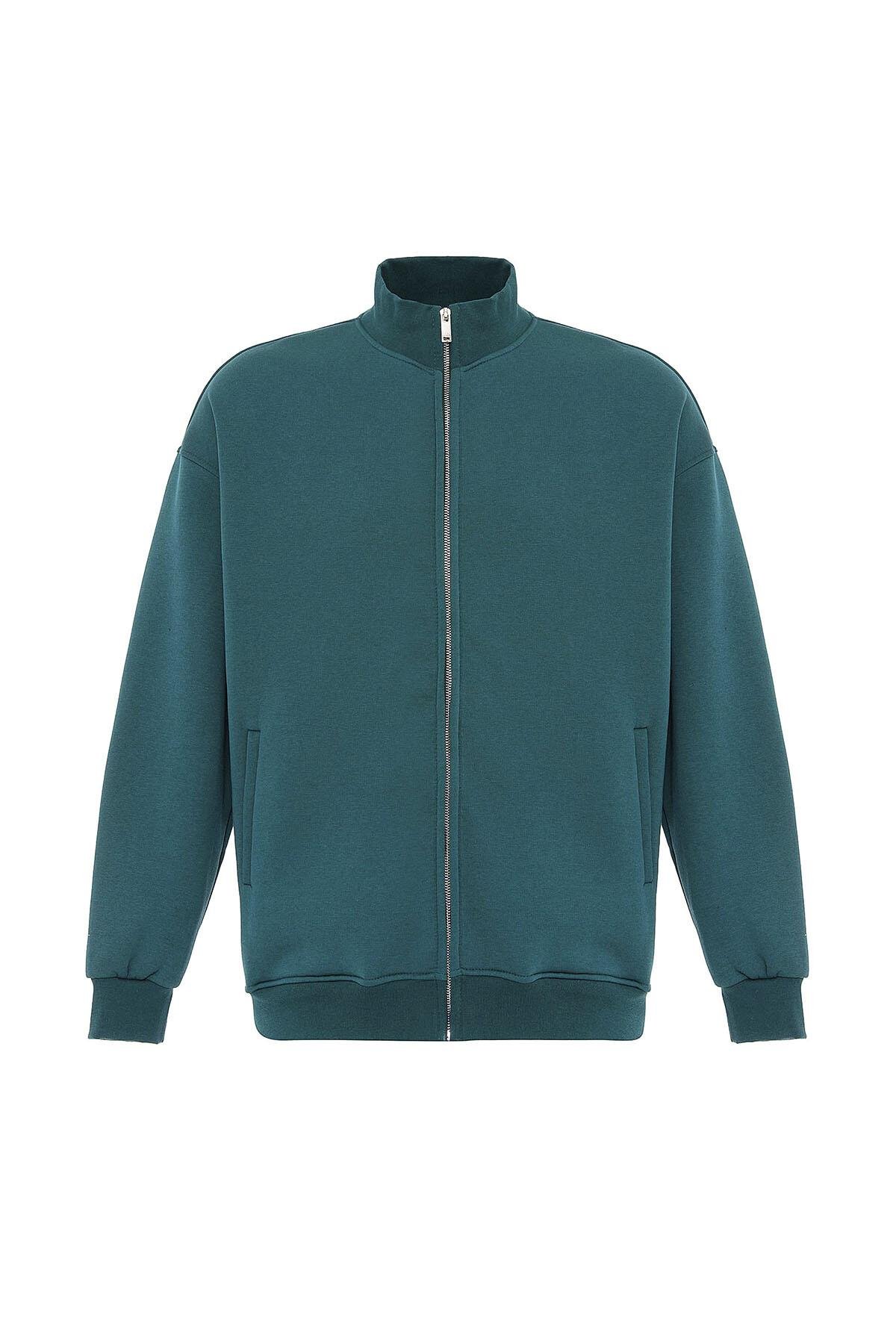 Basıc Fermuarlı Oversize Sweatshirt Petrol