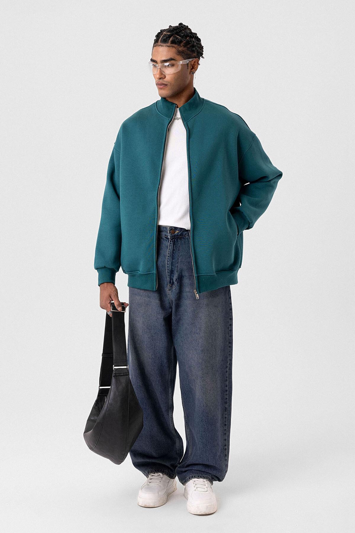 Basıc Fermuarlı Oversize Sweatshirt Petrol