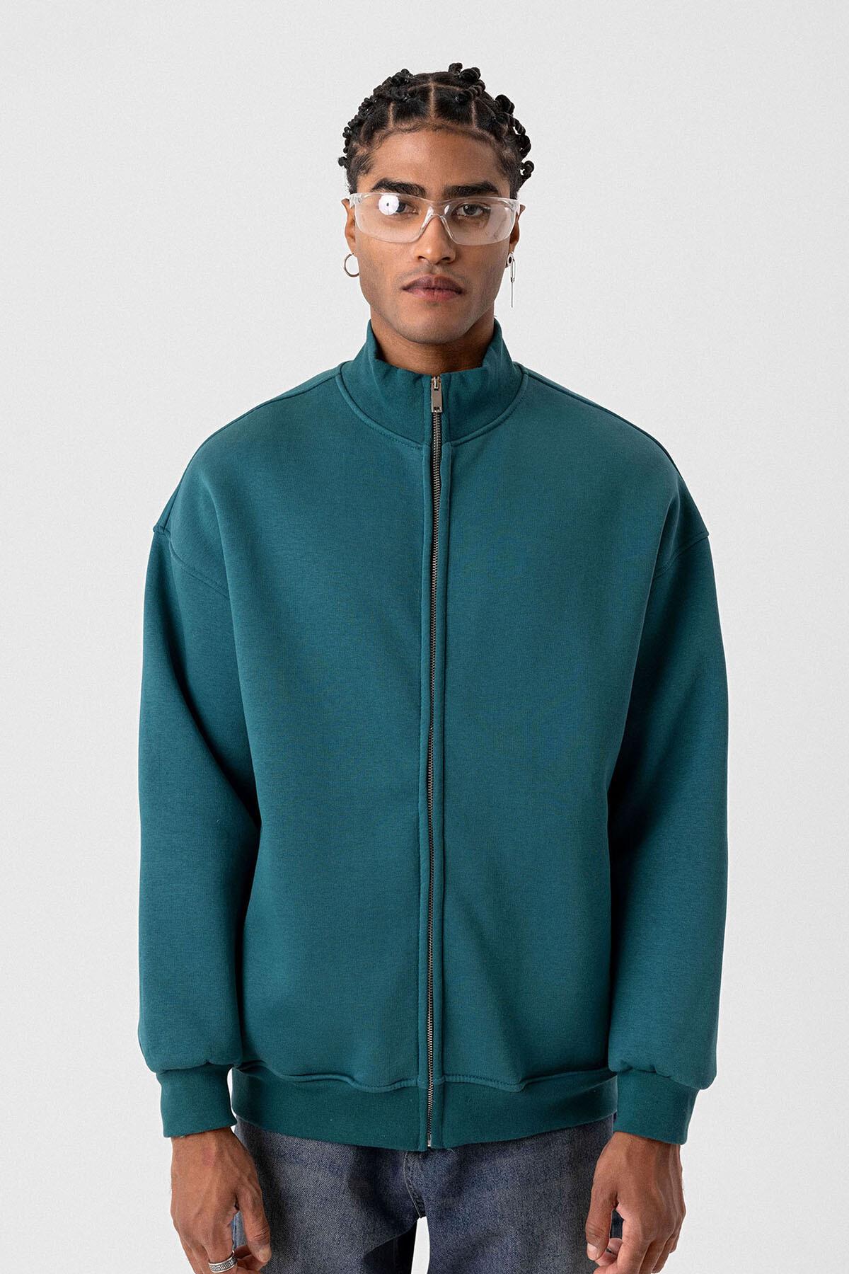 Basıc Fermuarlı Oversize Sweatshirt Petrol