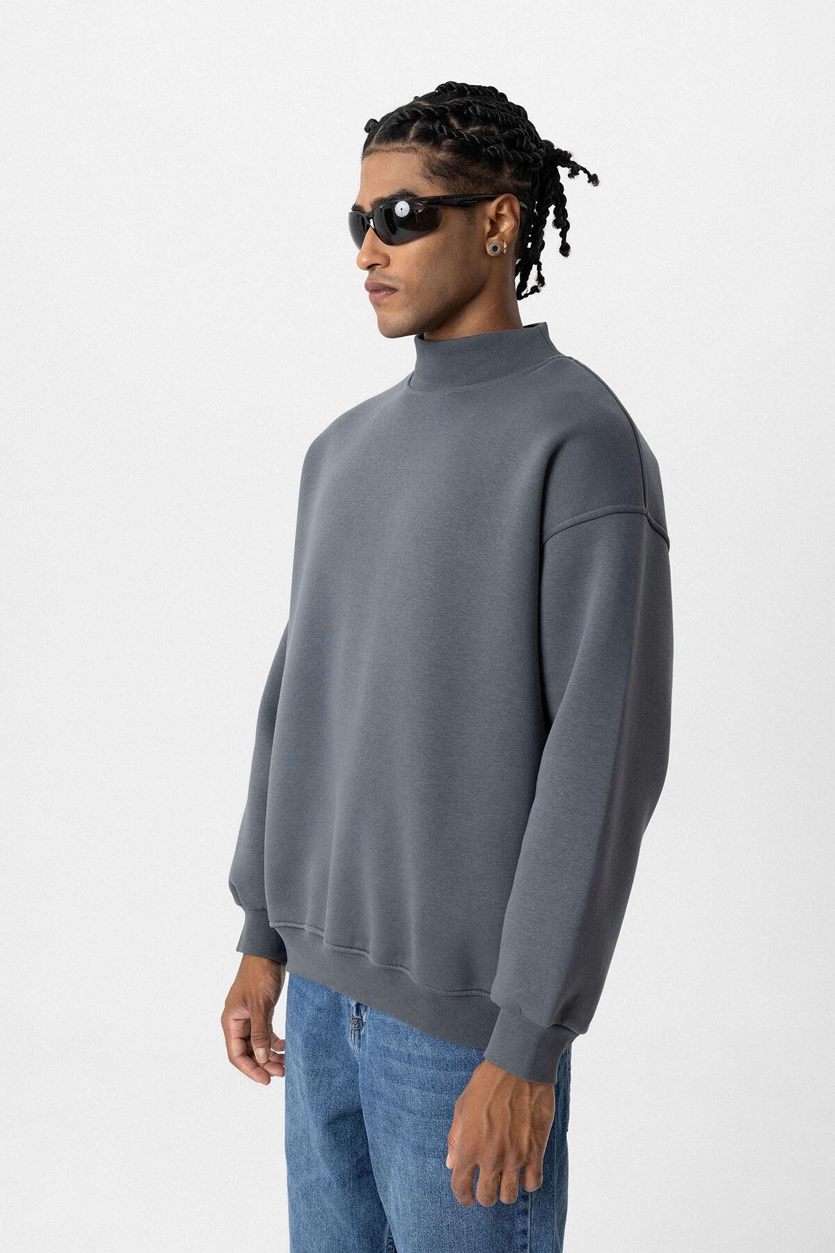 Basıc Oversize Balıkçı Yaka Sweatshirt Füme