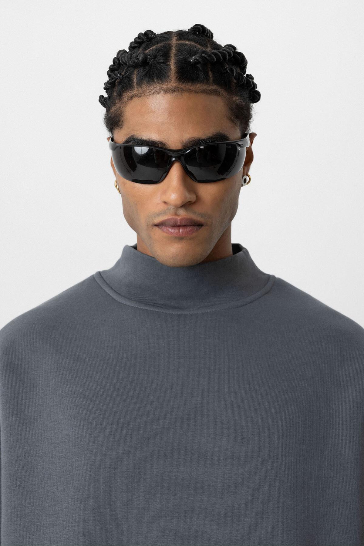 Basıc Oversize Balıkçı Yaka Sweatshirt Füme