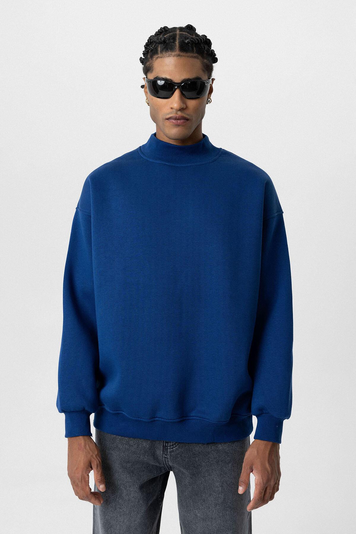 Basıc Oversize Balıkçı Yaka Sweatshirt İndigo