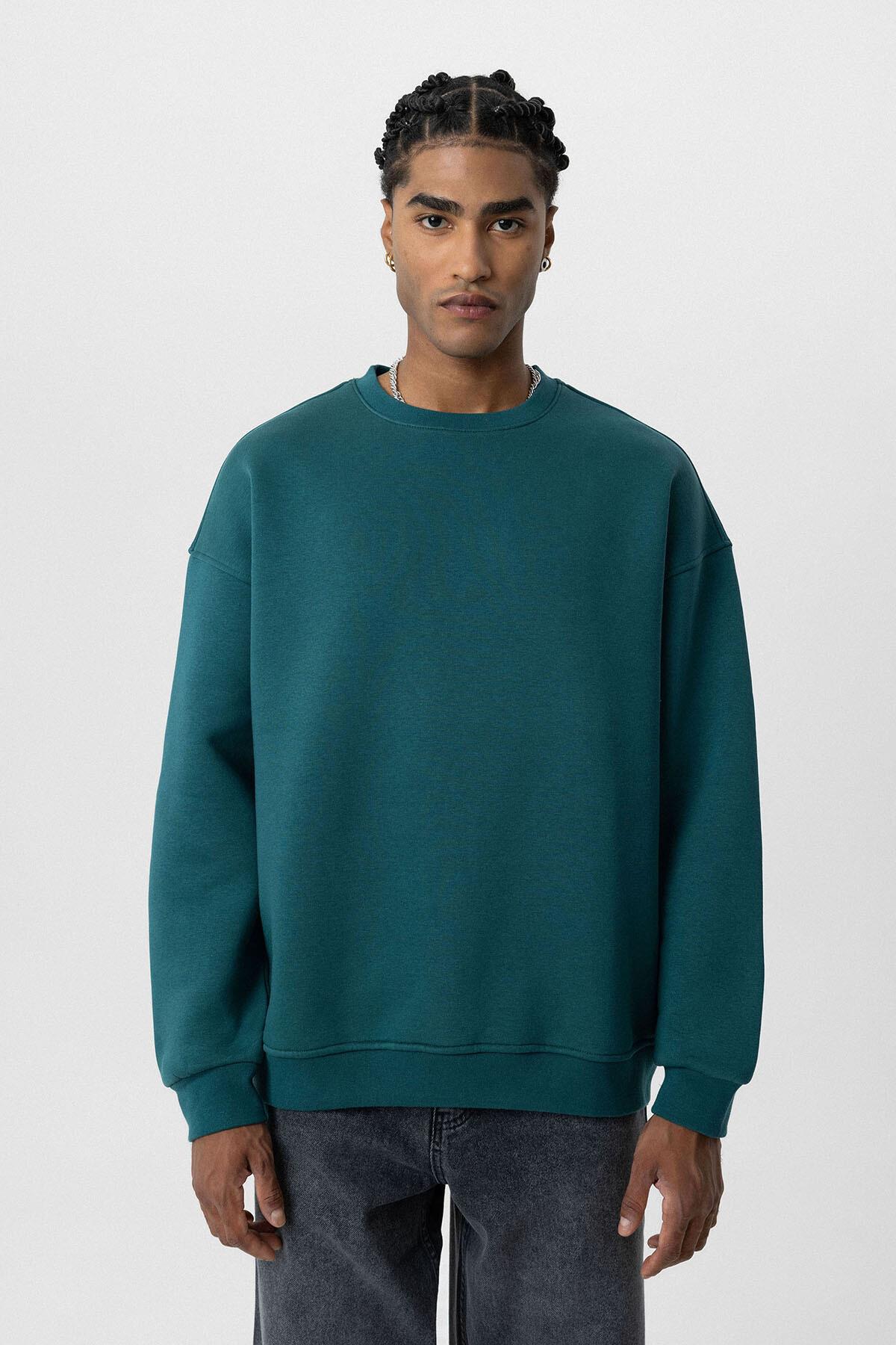 Basıc Oversize Bisiklet Yaka Sweatshirt Petrol